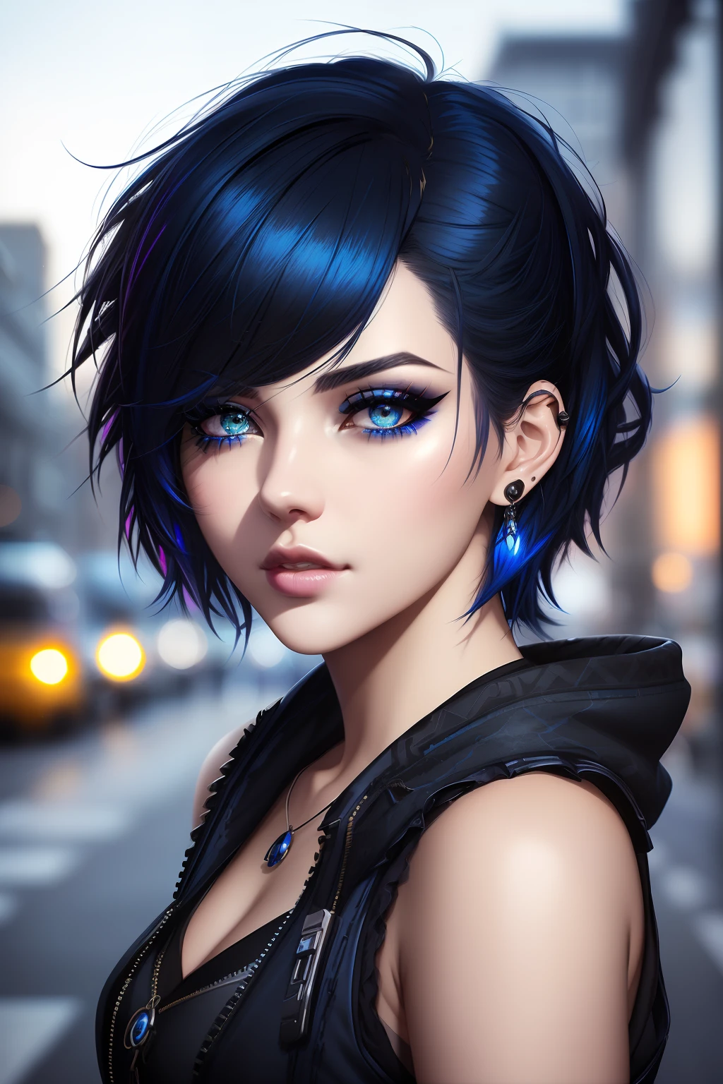 beautiful girl, half body portrait, short bright blue disheveled hair, black eyeshadow, (street style wear:1.2), (city background:1.2), dark makeup, digital art, trending on artstation, highly detailed, fine detail, intricate,  beautiful detailed glow, detailed, Cinematic light, highres, detailed facial features,sharp focus, smooth, aesthetic,
