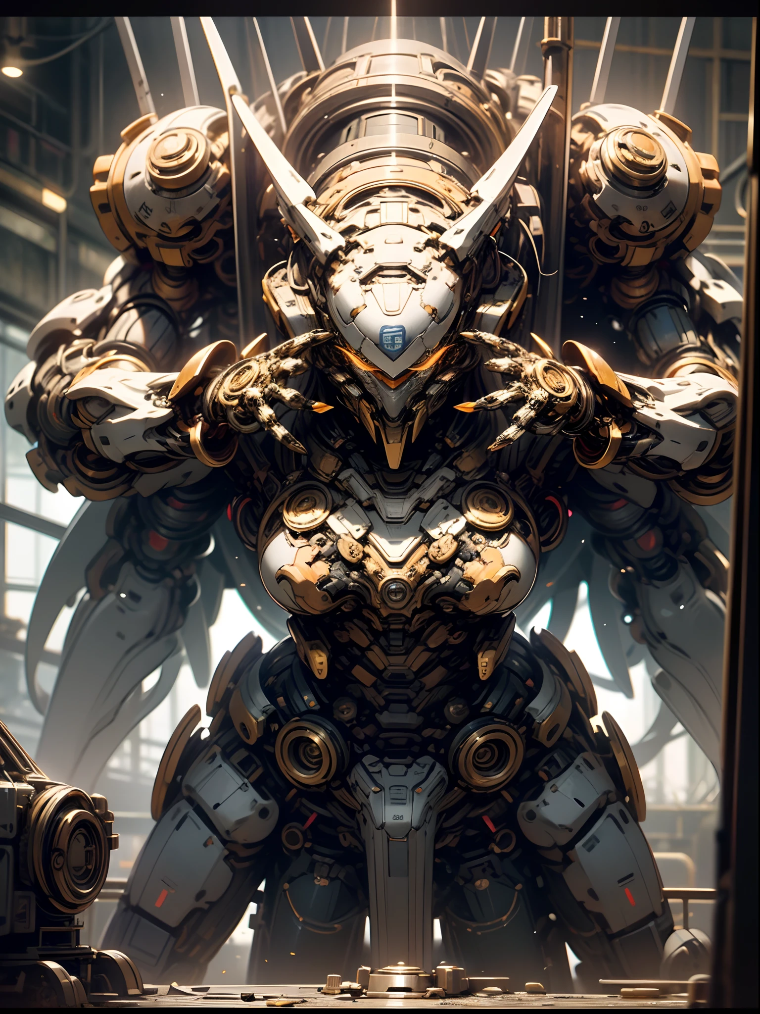 Mechanical steampunk-style mecha girl, made from mechanical parts, (mecha body), (mecha limbs), ((detailed face)),  ((looking at camera)), gears and cogs, insane detail, ((dynamic pose)), cinematic lighting, steampunk background.
