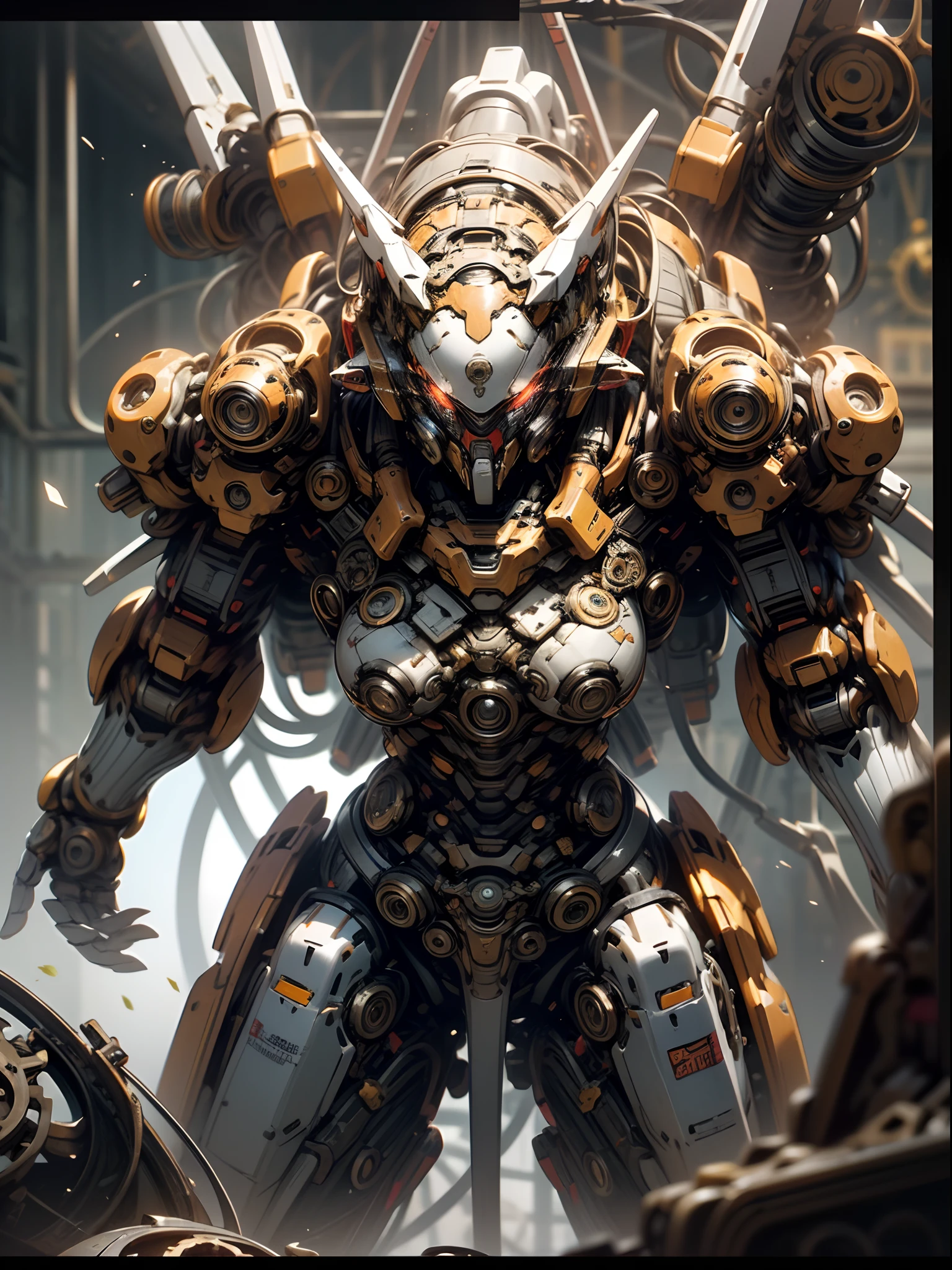 Mechanical steampunk-style mecha girl, made from mechanical parts, (mecha body), (mecha limbs), ((detailed face)),  ((looking at camera)), gears and cogs, insane detail, ((dynamic pose)), cinematic lighting, steampunk background.