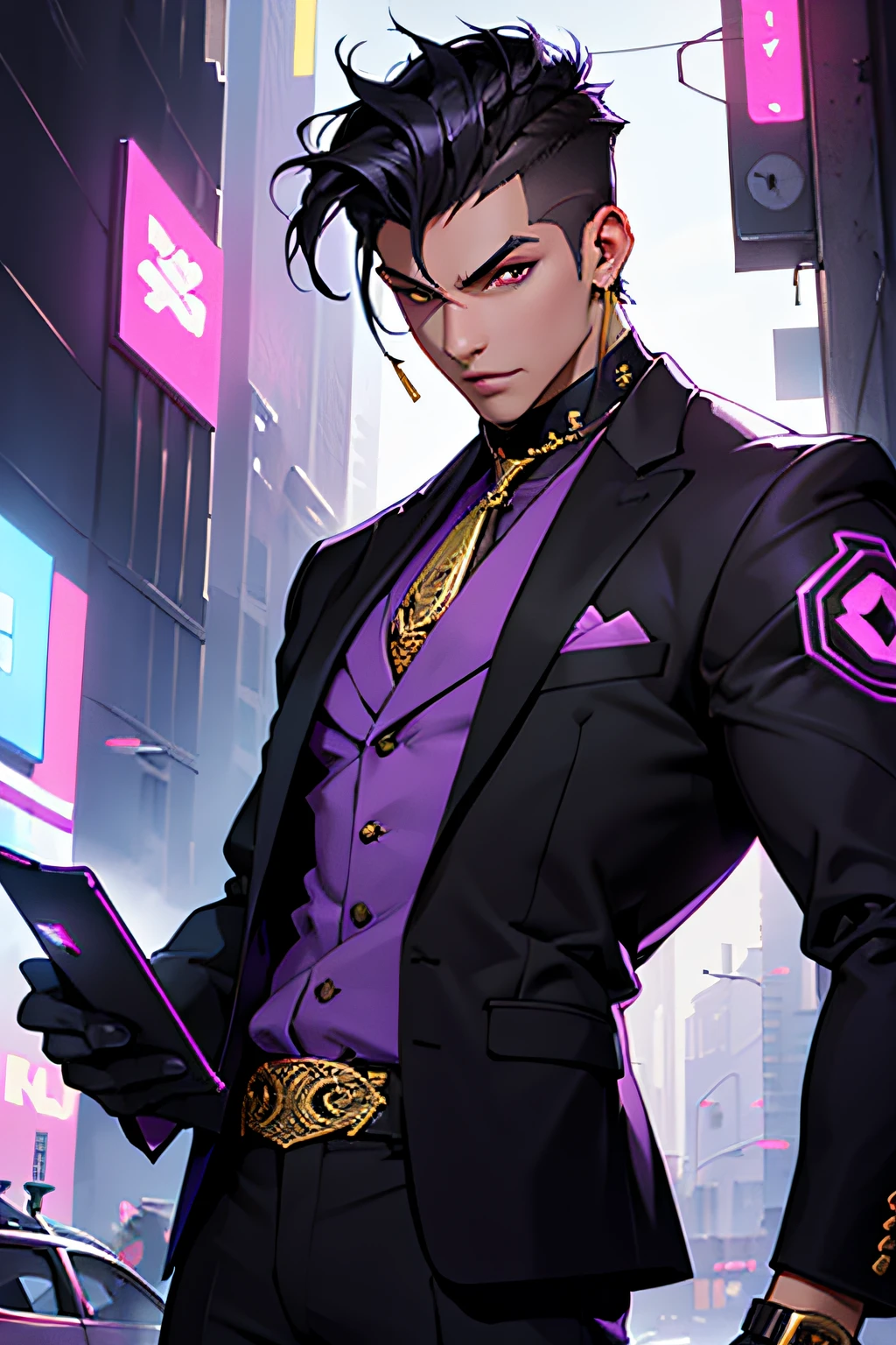 Latino male, holding up a smart phone, dressed in purple high fashion cyberpunk business suit with gold jewelry, with black hair short and shaved on the sides, with one cybernetic eye