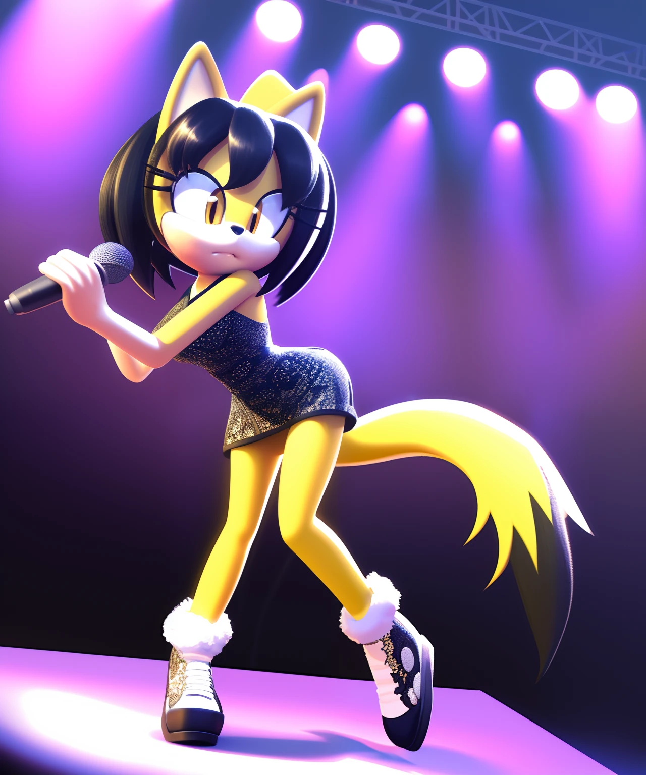 dynamic pose, honey the cat, microphone, on stage, crowd, casual clothes, masterpiece, soft lighting, very detailed, detailed background, field of view, intricate details, pastel