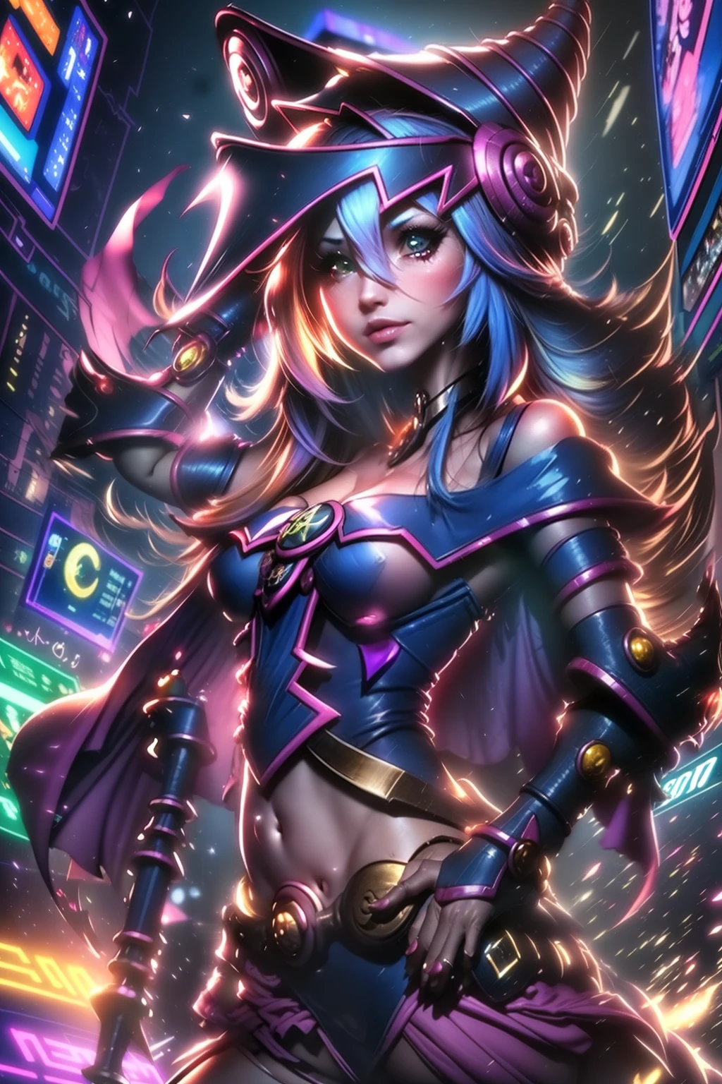 ultra detalhado, 4k, 1 garota de anime, mostrando corpo inteiro, seios grandes, personagem linda, Neon, fundo azul, fogo azul, luzes