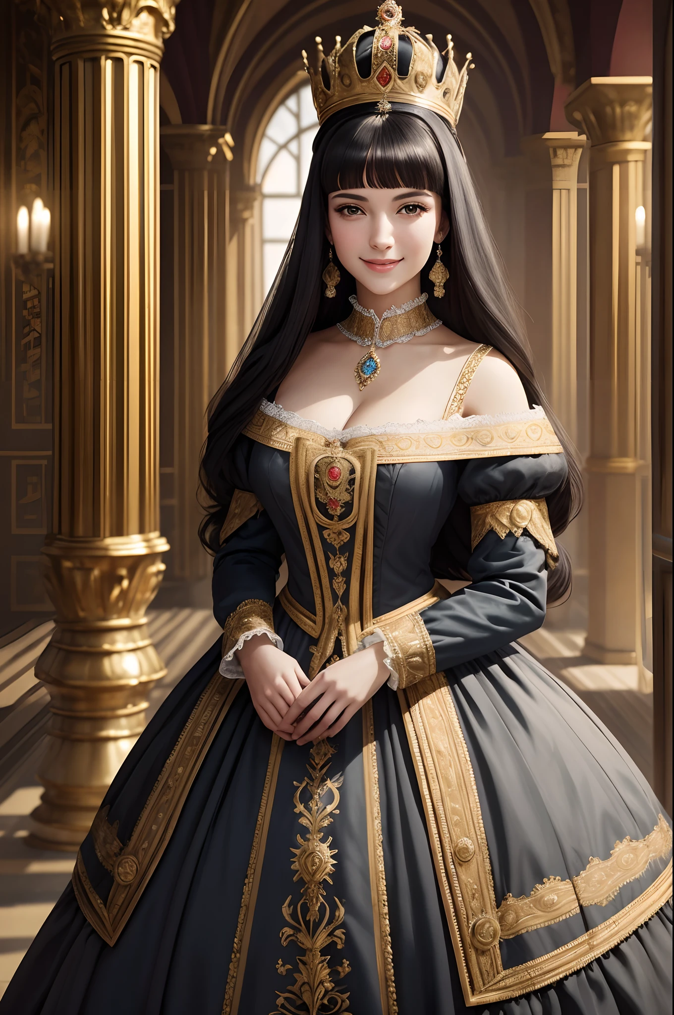 Best quality, masterpiece, super high resolution, original photo, 1A woman,royal dress, standing in the center of a crowded hall, sarcastic grin, 18th century Russian style. , extremely delicate face, black hair,gray eyes, crown,smooth skin, large breasts,super detail, cinematic lighting