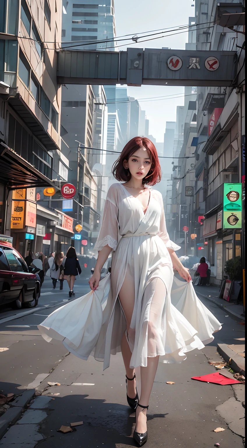 High quality, masutepiece, Exquisite, 8K, Highly detailed, Digital Art, Realistic,photographrealistic, Look at the front,A hyper-realistic, 20 years girl,peaceful face,Big eyes,long eyelashes,Wearing a white dress,Black shoes,(Deep Blue Eyes),(Red hair),(Short hair),flat chest, (futuristic cities), (Destroyed city), Neon glow,Float a lot of debris