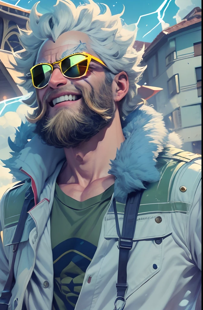 um velho com barba e cabelos brancos, sunglasses, vestindo uma parka azul, com olhos azuis brilhantes, sorriso pateta, em um campo de batalha, estilo de arte my hero academia