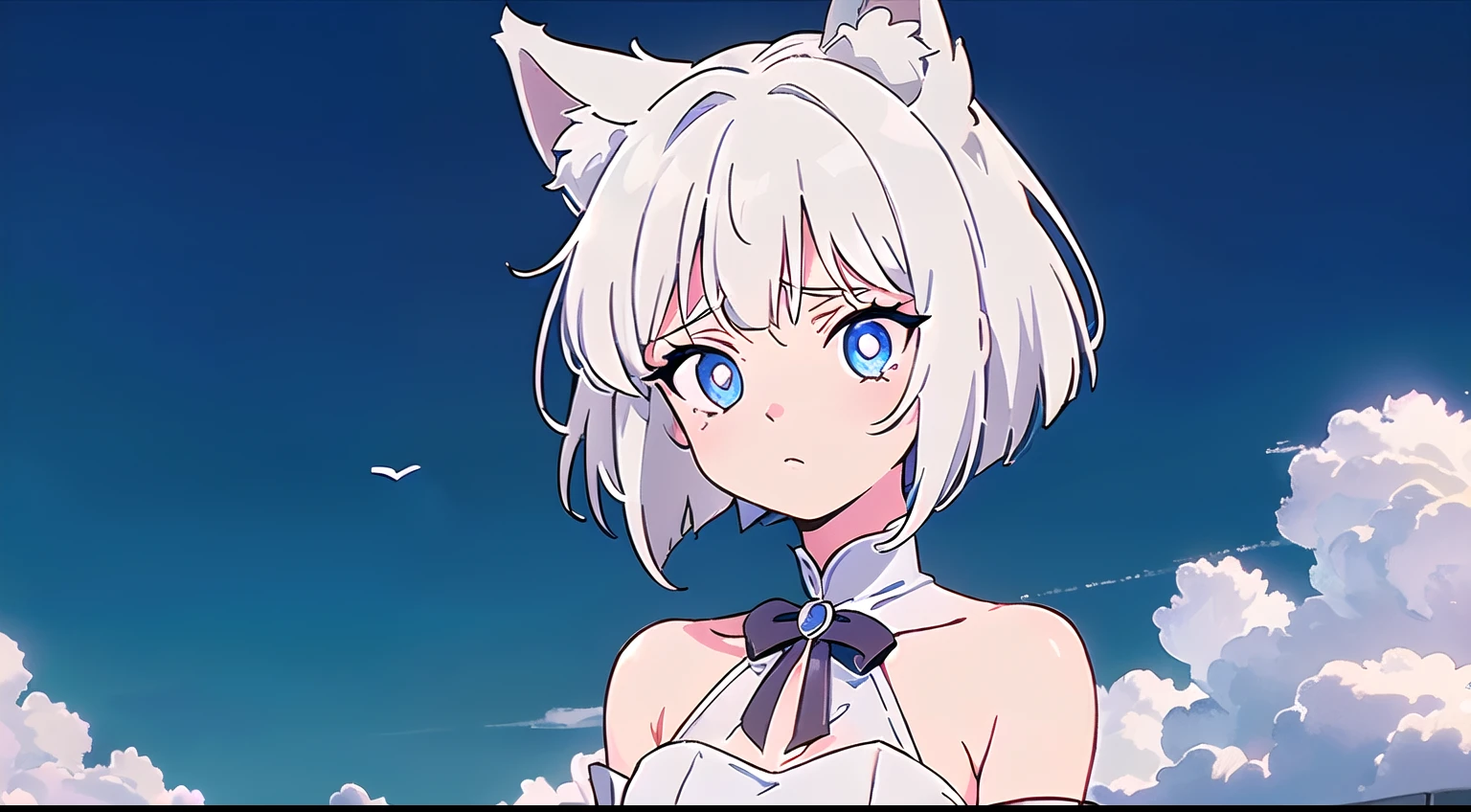 1girl, (wolf girl, wolf ears, wolf tail), (silver white hair)), hair clip, (hair tap eye), long eyeslashes, eyeliner, (((small breasts, antique dress with bare shoulders))), solo, full body, ((standing)), (blue eyes, worried, sad expression, melancholic look), portrait, close-up, (white_background, simple background), face, closed_mouth, looking_at_viewer, blush:1.5, eyelashes, shiny, ((((short_hair)))), head_tilt, detailed shadows, (((manga style, manga coloring))).