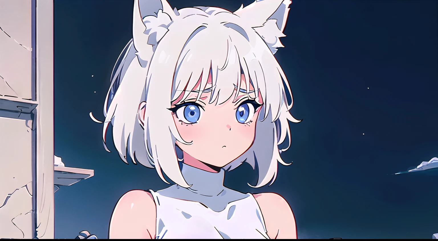 1girl, (wolf girl, wolf ears, wolf tail), (silver white hair)), hair clip, (hair tap eye), long eyeslashes, eyeliner, (((small breasts, antique dress with bare shoulders))), solo, full body, ((standing)), (blue eyes, worried, sad expression, melancholic look), portrait, close-up, (white_background, simple background), face, closed_mouth, looking_at_viewer, blush:1.5, eyelashes, shiny, ((((short_hair)))), head_tilt, detailed shadows, (((manga style, manga coloring))).