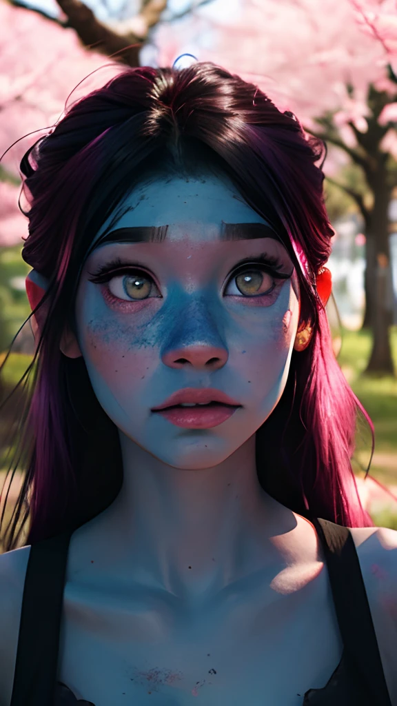 cute anime (zombie girl) with (dark purple straight hair), freckles, (((blue skin))), (((pink eyes))), pink nose. Walking in a japanese sakura woods.