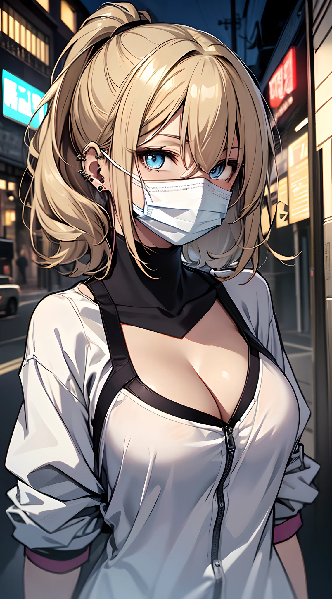 top-quality、Top image quality、masterpiece、((NSFW:1.1))girl with((18year old、White Shirt 1.6、Bust 85、a blond、disheveled ponytail、Blue eyes、cleavage of the breast、Happiness、Hand flail、eye glass、Black surgical mask、Ear-piercing))、A slender、hiquality、visualart、Background with((Bill at night))、masutepiece、Reflecting the whole body、