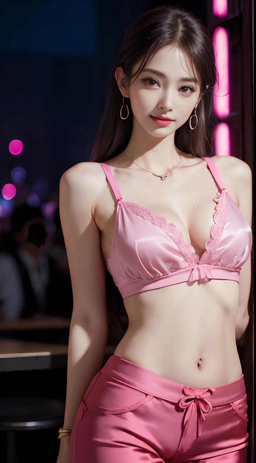 8K, masutepiece, Raw photo, Best Quality, Photorealistic, the Extremely Detailed CG Unity 8K Wallpapers, depth of fields, Cinematic Light, Lens Flare, Ray tracing, (Extremely beautiful face, Beautiful lips, Beautiful eyes), intricate detail face, ((Ultra detailed skin)) 1girll, In the Dark, deepshadow, Pretty Korean girl, Kpop Idol, 1 girl, (very slim and slender muscular body:1.3), ((view the viewer)),(Big smile:1.3), (Tight lace-up blouse), (PINK SHIRT), (Sleeveless) , (Fashion Night, a dark night, (Neon Light Sign), (Blurred background), Fashion Street Night),(No one is in the background:1.3), Beautiful earrings, bangle, Necklace, pantyhose, Clear eyes, (pale skin), (Big eyes), Face forward, ((upperbody shot)), ((Silk Hot Pink Pants:1.3)),(Brown hairs),((Skinny Silk Pants)), (see through), (view the viewer:1.3) opened breast, Very slim, medium breasts, turn back, Back shot, ((see through)), Underwear, turn back, ((Back shot))