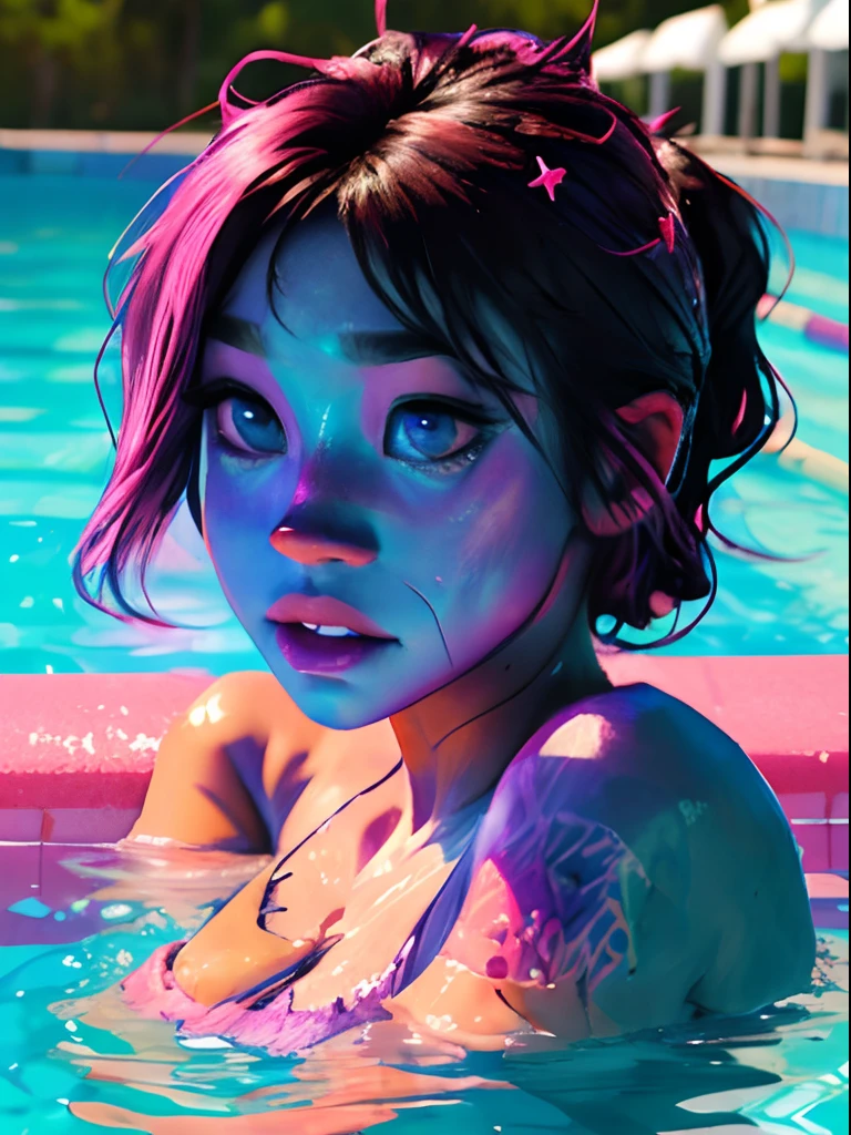 cute anime (zombie girl) with (dark purple straight hair), freckles, (((blue skin))), (((pink eyes))), pink nose. Taking a sunbath floating on the water in a pool, the water of the pool has glitter.
