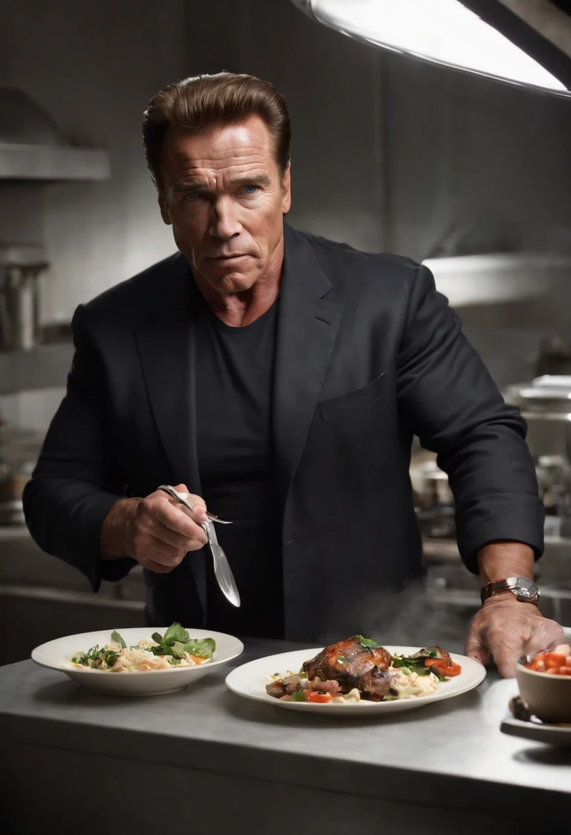 Imagina a Arnold Schwarzenegger como el terminator, with his iconic black suit (chaqueta de cuero negra) y gafas de sol, parado en medio de una cocina extraterrestre futurista. The kitchen is full of devices and utensils, con luces parpadeantes y superficies brillantes. En la mano de Arnold Schwarzenegger, Holds a plate uniquely, claramente de origen extraterrestre, which seems to float in the air due to advanced kitchen technology. The board is empty, pero emite un brillo misterioso y futurista. He has an intrigued expression on his face as he looks at the plate...., como si estuviera a punto de recibir algo sorprendente de origen desconocido. Alien lights and futuristic colors of the kitchen create an intriguing and suspenseful atmosphere in the scene....... This image captures the essence of the intrigue and mystery that characterize the film series....... "Terminator" e introduce a Arnold Schwarzenegger en un entorno verdaderamente futurista, XF IQ4, 150MP, 50mm, ISO 1000, 1/250s, luz natural, Adobe Lightroom, Photo Lab, Foto de afinidad, PhotoDirector 365