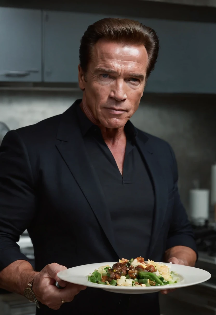 Imagina a Arnold Schwarzenegger como el terminator, with his iconic black suit (chaqueta de cuero negra) y gafas de sol, parado en medio de una cocina extraterrestre futurista. The kitchen is full of devices and utensils, con luces parpadeantes y superficies brillantes. En la mano de Arnold Schwarzenegger, Holds a plate uniquely, claramente de origen extraterrestre, which seems to float in the air due to advanced kitchen technology. The board is empty, pero emite un brillo misterioso y futurista. He has an intrigued expression on his face as he looks at the plate...., como si estuviera a punto de recibir algo sorprendente de origen desconocido. Alien lights and futuristic colors of the kitchen create an intriguing and suspenseful atmosphere in the scene....... This image captures the essence of the intrigue and mystery that characterize the film series....... "Terminator" e introduce a Arnold Schwarzenegger en un entorno verdaderamente futurista, XF IQ4, 150MP, 50mm, ISO 1000, 1/250s, luz natural, Adobe Lightroom, Photo Lab, Foto de afinidad, PhotoDirector 365