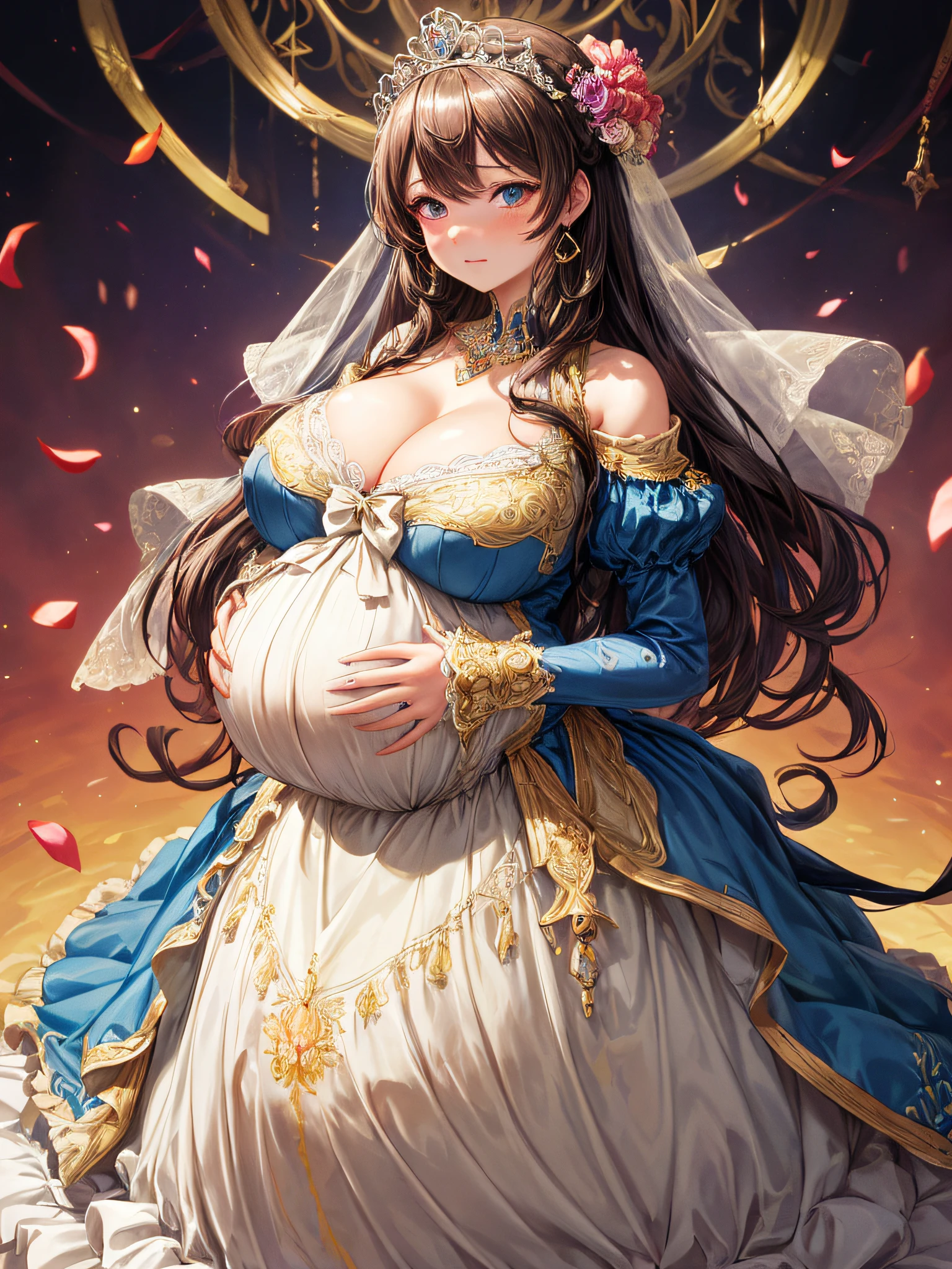 (masterpiece, best quality,extremely detailed:1.1),(moe anime art style:1.2),1girl,((full body,focus face)),((solo)), cute, kawaii,digital art,((1 bling-bling pregnant princess wearing beautiful embroidery and jeweled gorgeous rococo ballgown with jeweled voluminous full length hoop skirt)),(((heavily pregnant))),very big pregnant belly,((crinoline)),long train,voluminous frills,See-through,(gorgeous embroidery and beautiful lace),((very gigantic boobs,skindentation)),cleavage,shiny hair,(((very long hair,very long straight hair))),((embarrassed)),anguish,((finely detailed face and eyes)),clear pupil,extremely gorgeousfull hair ornament,(bling-bling jeweled extremely gorgeousfull tiara),(bling-bling gorgeous gemstone jewelry),long veil,(beautiful background),fantasy background,flowers,flower petals flowing,full body,((beautiful embroidery and jeweled ruffled gorgeous rococo ballgown with voluminous full length hoop skirt))