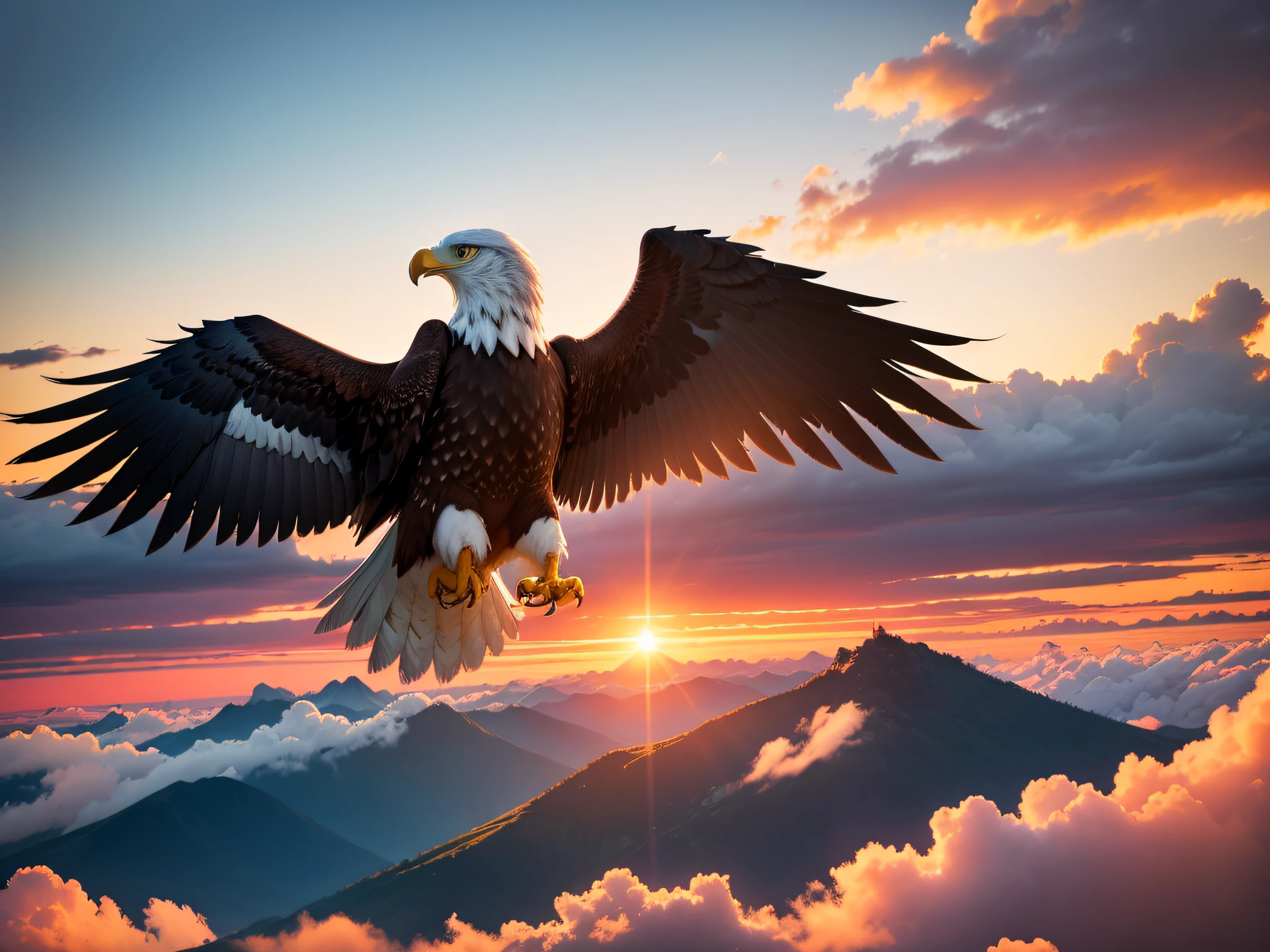 Create a high-resolution stereogram photo of a colorful eagle flying in front of a sunset. The eagle should have a realistic and three-dimensional appearance, com penas detalhadas e um olhar penetrante. The sunset should be stunning, com cores vibrantes e uma atmosfera sonhadora.
The photo should include clouds and other 3D birds. As nuvens devem ser suaves e ondulantes, and the other birds should be of different sizes and colors.
The photo must be of high resolution, with at least 4K resolution. This will allow viewers to appreciate the details of the eagle, of sunset and clouds.
Requirements:
The eagle should have a realistic and three-dimensional appearance.
The sunset should be stunning, com cores vibrantes e uma atmosfera sonhadora.
The photo should include clouds and other 3D birds.
The photo must be of high resolution, with at least 4K resolution.