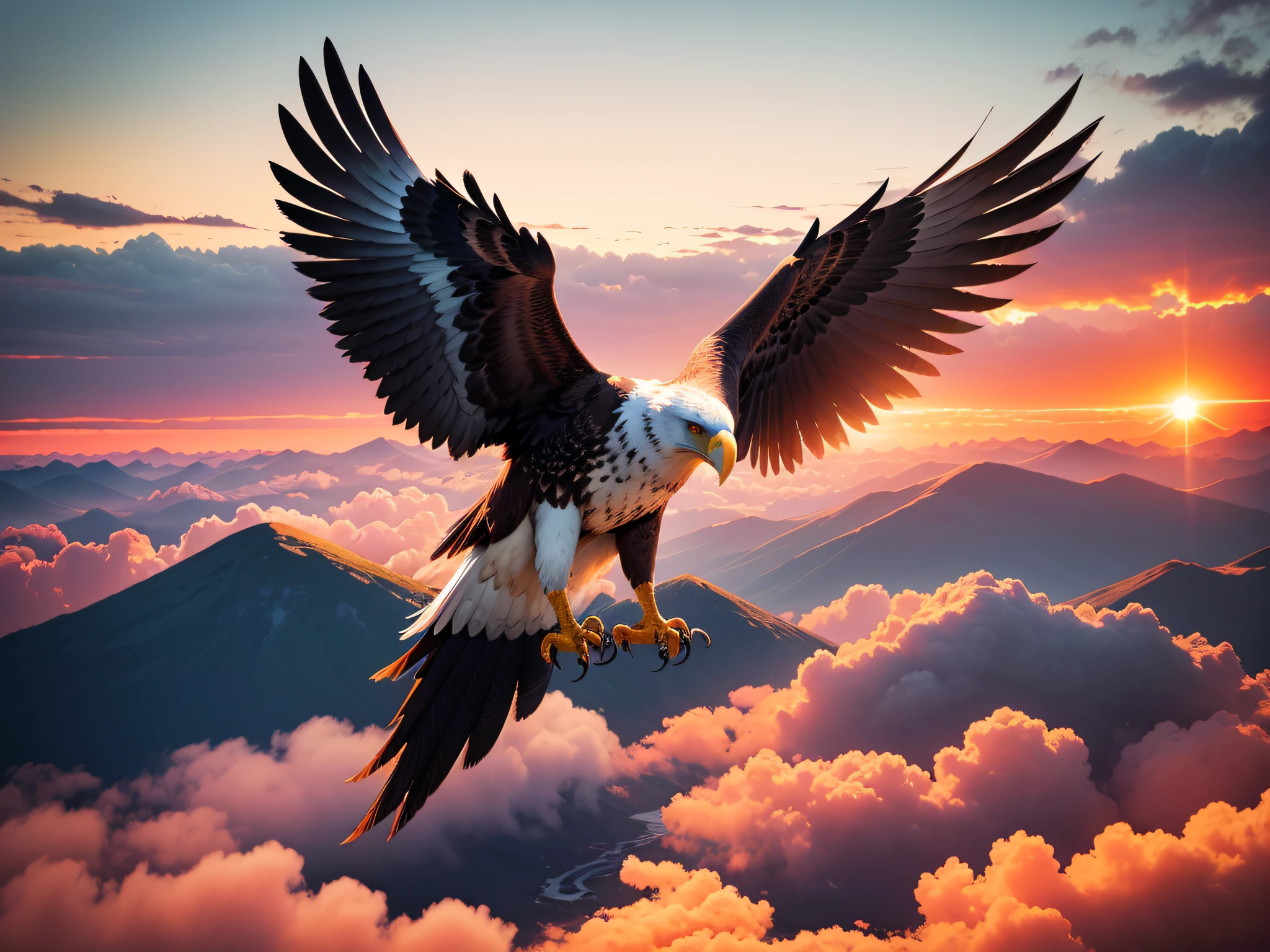 Create a high-resolution stereogram photo of a colorful eagle flying in front of a sunset. The eagle should have a realistic and three-dimensional appearance, com penas detalhadas e um olhar penetrante. The sunset should be stunning, com cores vibrantes e uma atmosfera sonhadora.
The photo should include clouds and other 3D birds. As nuvens devem ser suaves e ondulantes, and the other birds should be of different sizes and colors.
The photo must be of high resolution, with at least 4K resolution. This will allow viewers to appreciate the details of the eagle, of sunset and clouds.
Requirements:
The eagle should have a realistic and three-dimensional appearance.
The sunset should be stunning, com cores vibrantes e uma atmosfera sonhadora.
The photo should include clouds and other 3D birds.
The photo must be of high resolution, with at least 4K resolution.