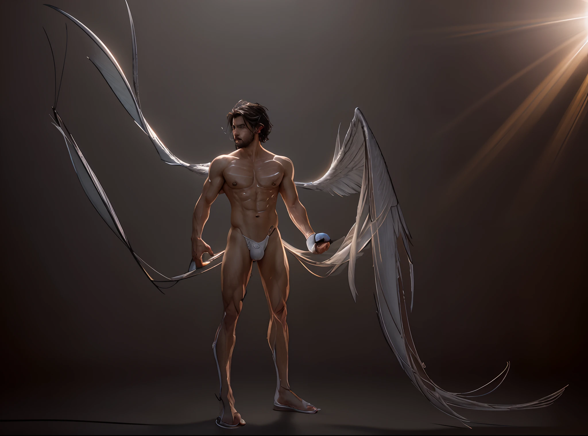 A topless handsome man with angel like wings on his back is standing with determination even after defeat and struggle, left handed wing is broken and damaged, Sexy natural wavy hair, TB Choi Art style, hicham habchi Art style, Jason chan Art style, Artstation, CG, Game art Style, Cinematic, Hyper realistic, Dramatic Light mood, Warm light, stubble beard, (absurdres), highres, ultra detailed), tall muscular guy, best ratio four finger and one thumb, best light and shadow, background is void space, detailed sunlight, dappled sunlight, day, depth of field, summer, (dutch angle)