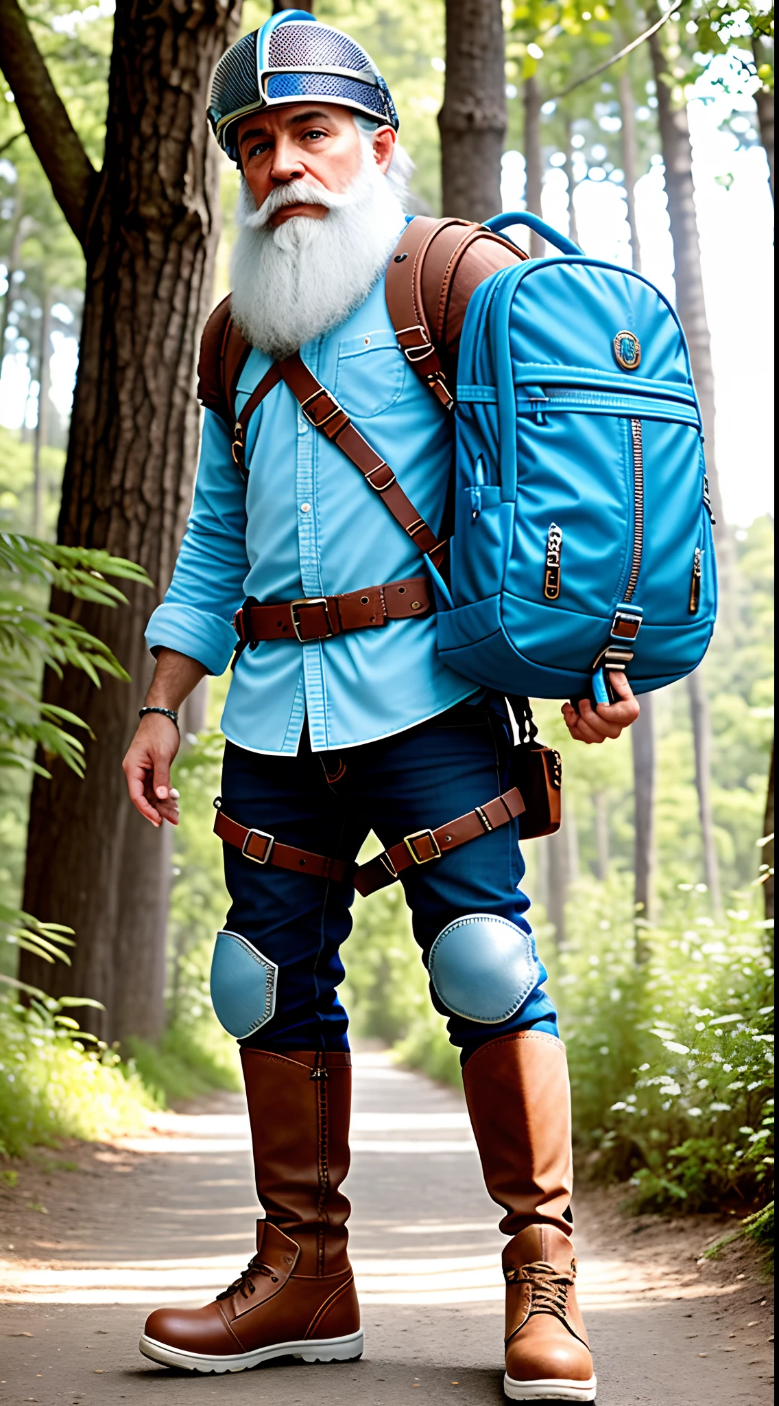Papai Smurf, Pelo branco, alto detalhamento, 8k, usando armadura de couro, usando botas, Mochila, floresta