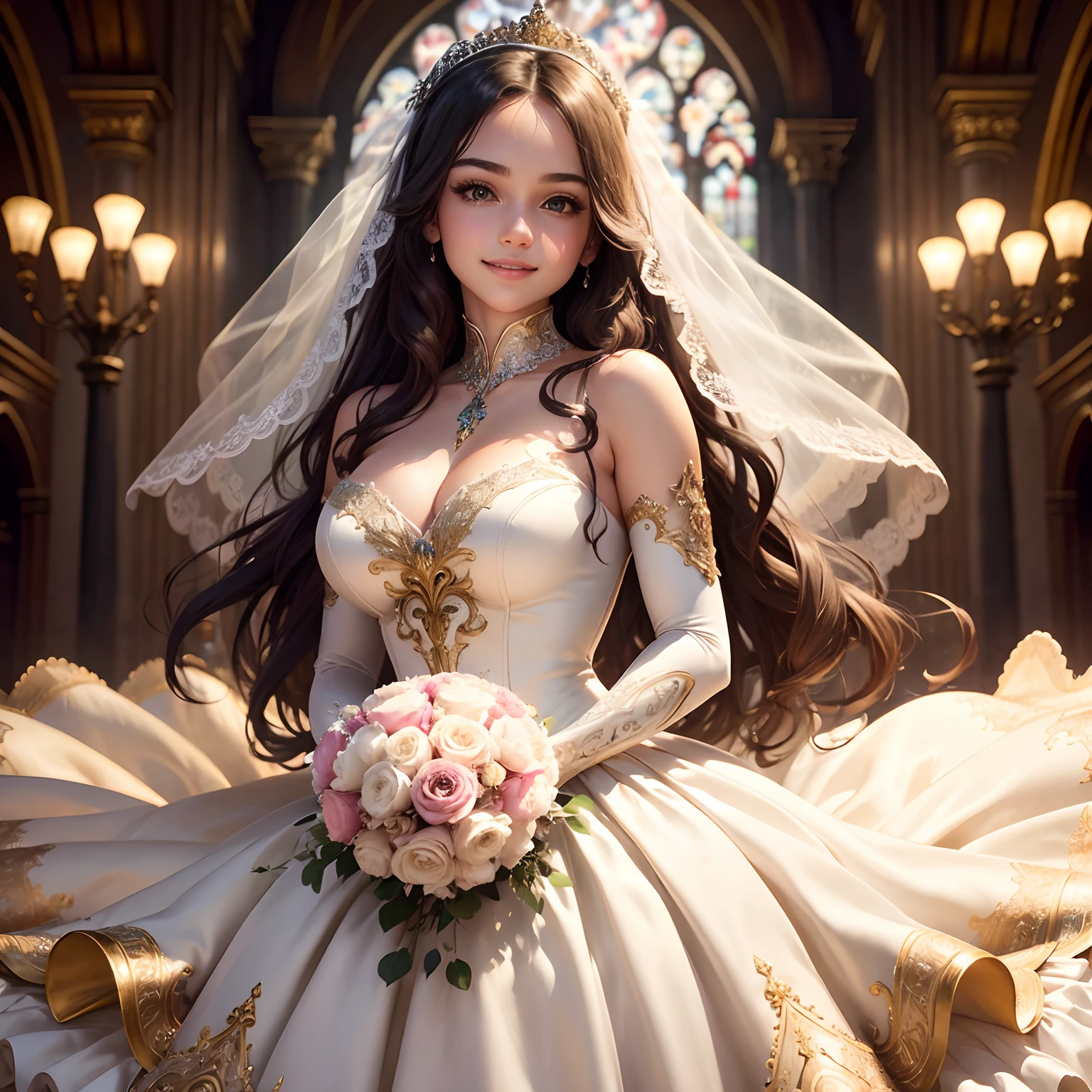 (best quality, masterpiece:1.2), (realistic:1.3),, (ultra-detailed background, detailed background), bokeh,, , gorgeous prom dresses, luxury prom dresses, wedding dress, bridal veil, bridal gauntlets, bridal cascading bouquet,, upper body,, wedding at church,, , 1girl, cute, teenage, posing, smiling,, dynamic angle, dynamic pose,, , very long hair