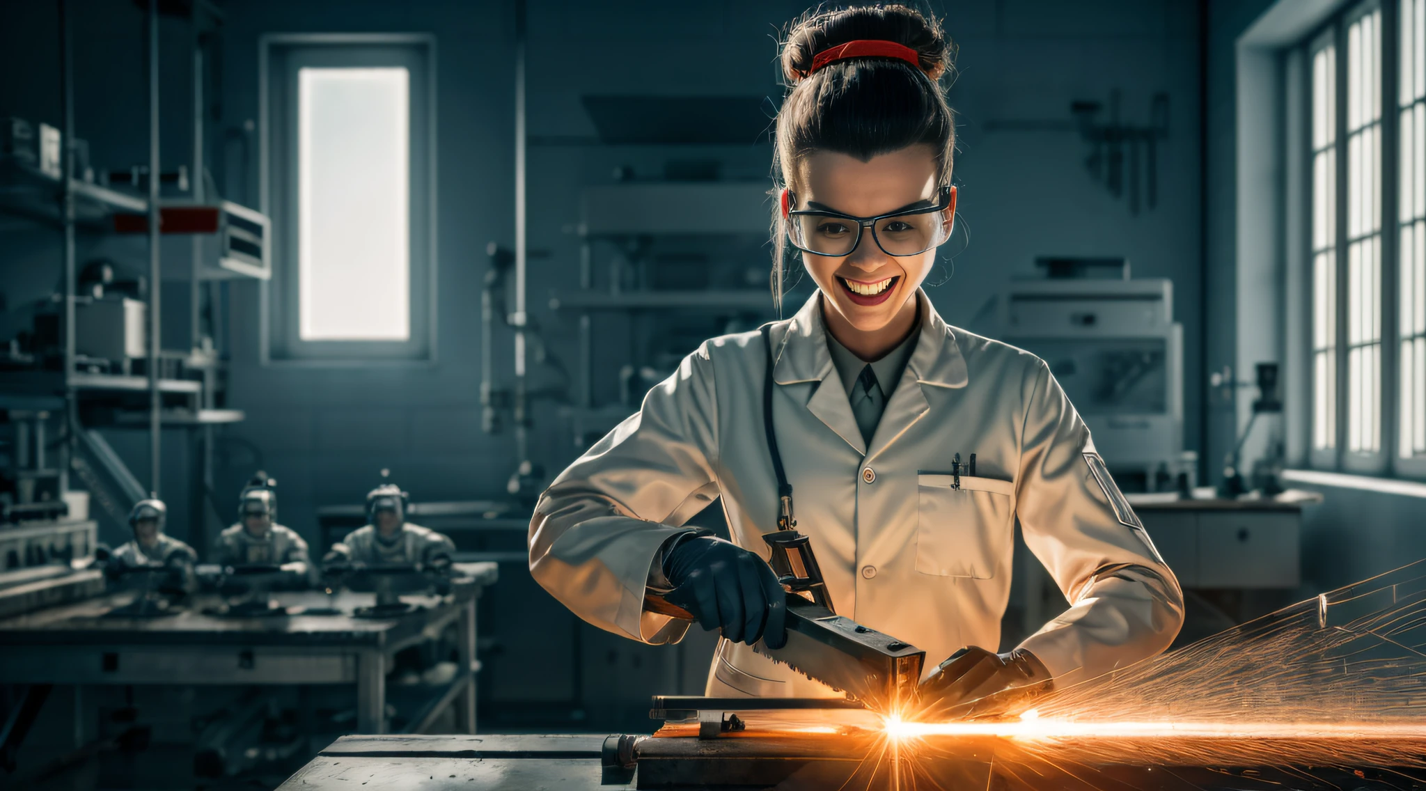 RAW full portrait of a mad scientist woman cutting a metal box with a saw, laboratory room, protective glasses, scientist suit, laughing, (soviet propaganda:1.2),  backlighting, hair bun, artstation, award winnig, (photorealistic:1.2), unreal engine, sharp focus, 8k uhd, shot with Canon EOS 5D Mark IV