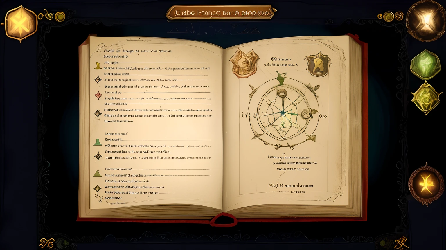 a closeup of a book with a bunch of buttons on it, Derivador hiperleve, grimoire page, floating spellbook, Creating spells, muitos elementos, grimoire, roguelike, atmosfera cintilante intrincada, Derivador hiper leve, with book of science, magical notes, spell book, com sprites familiares, estilo roguelike