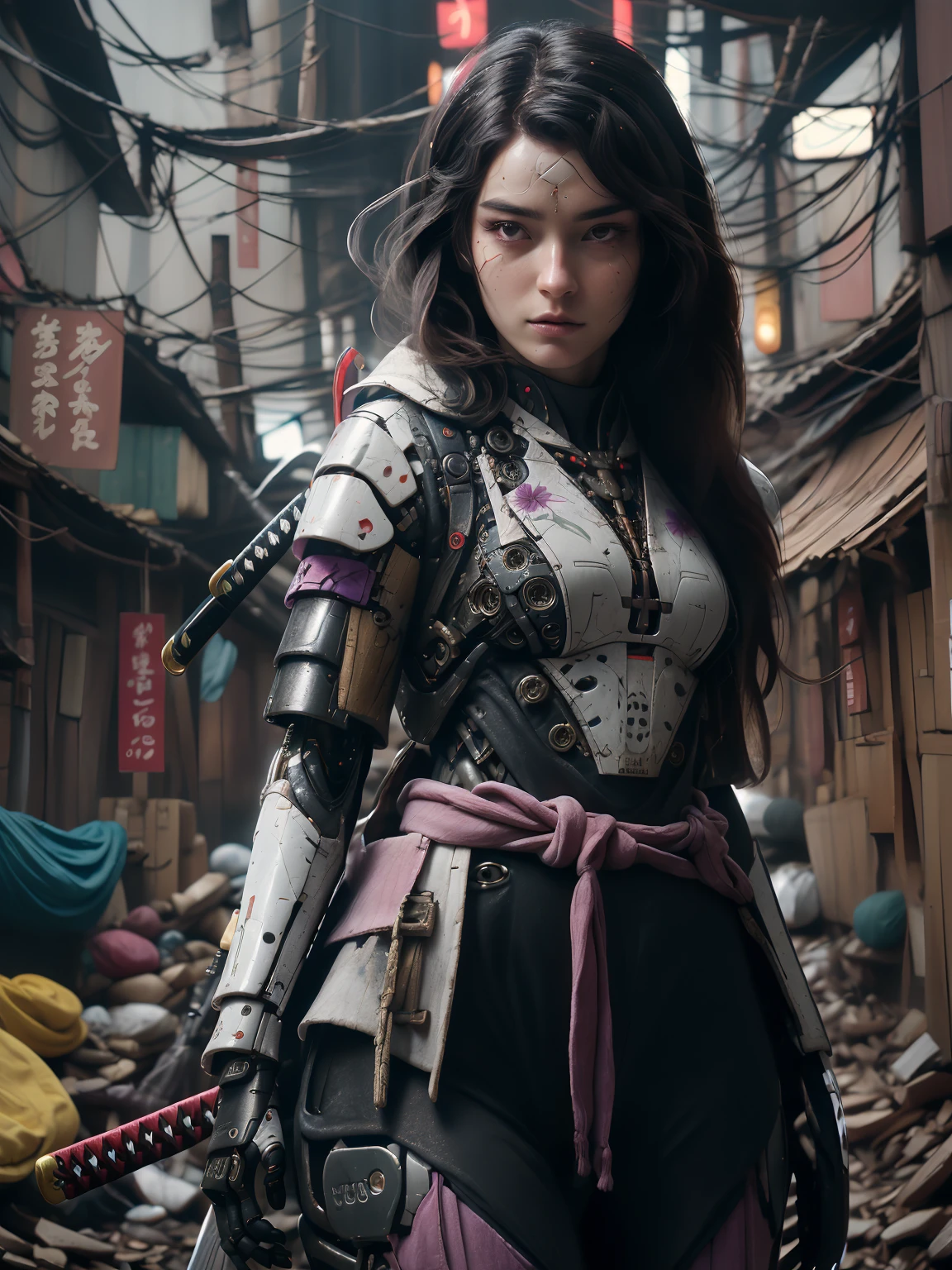 Candid still of a captivating cyborg samurai that looks like Gaite Jansen, solo, messy hair with purple accents, flower adornments, overalls, boots, techwear armor, delicate and beautiful, anima, goddess, elemental, atmospheric, luminescent particles