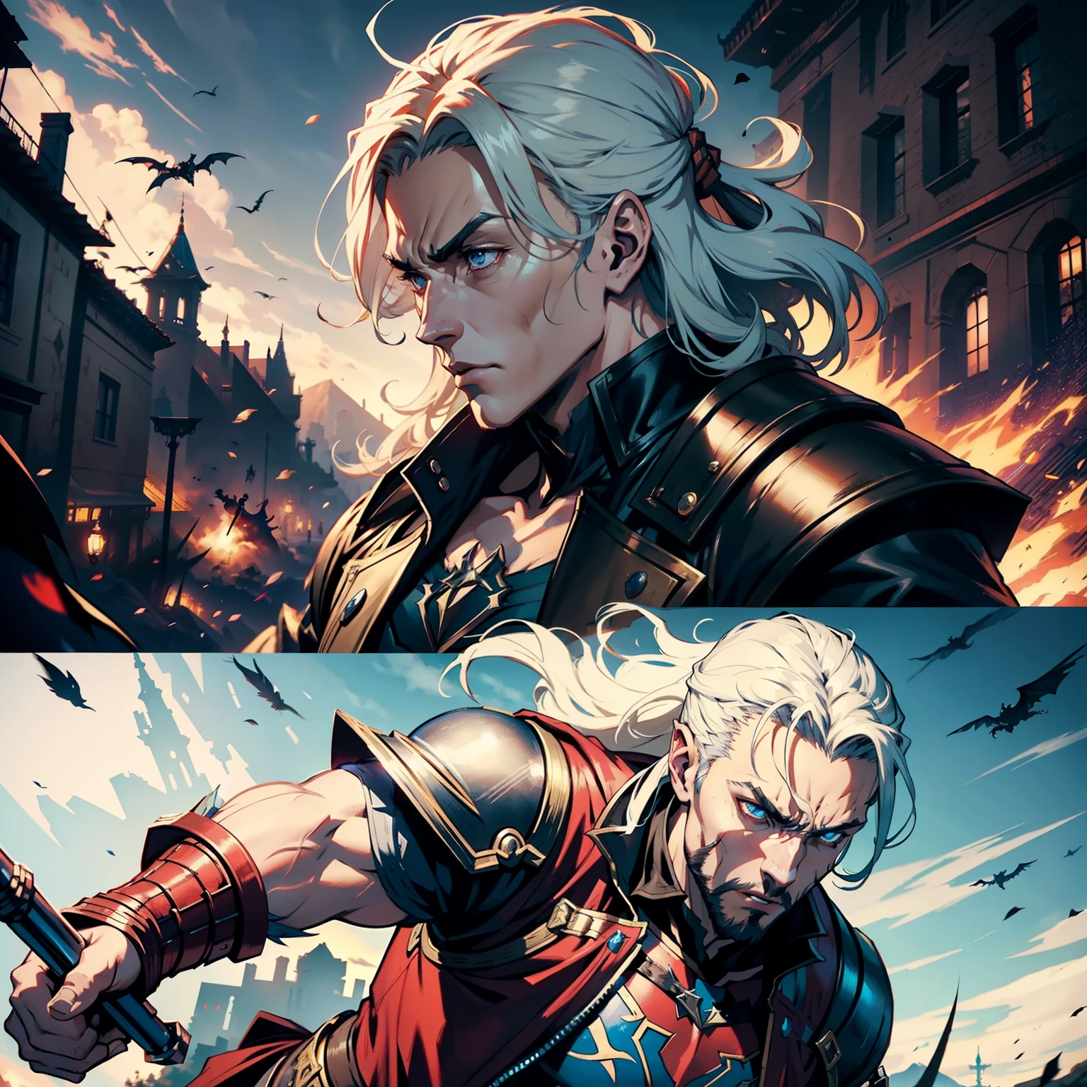 Castlevania Lord of the Shadows hyper realistic super detailed Dynamic cinematic scenes of men in battle Marvel comics style hyper realistic super detailed Dynamic shot master piece