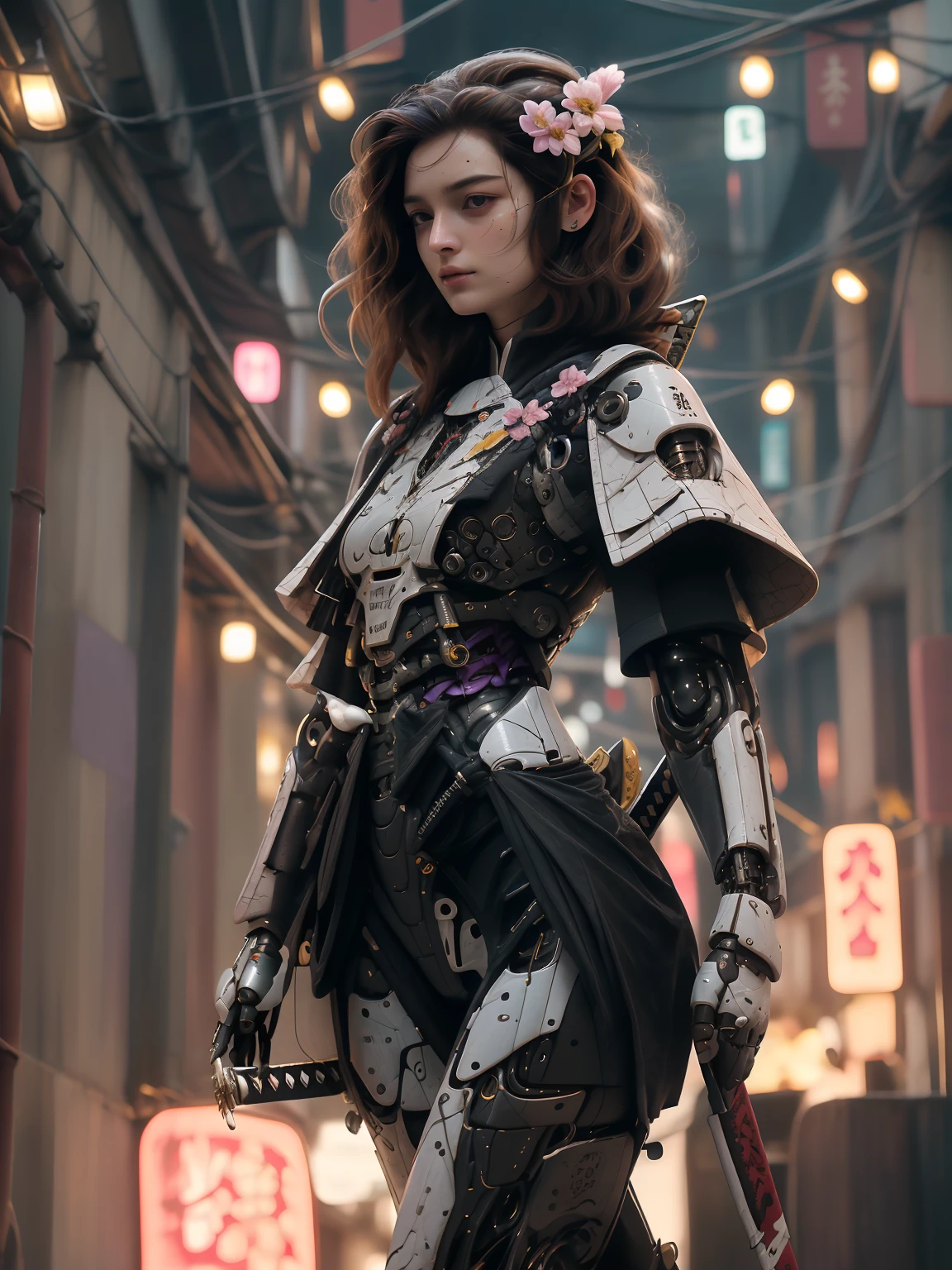 Candid still of a captivating cyborg samurai that looks like Gaite Jansen, solo, messy hair with purple accents, flower adornments, overalls, boots, techwear armor, delicate and beautiful, anima, goddess, elemental, atmospheric, luminescent particles