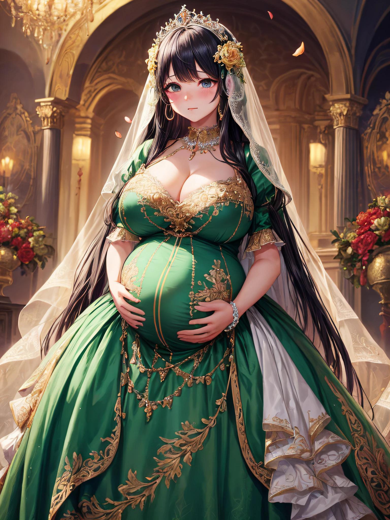 (masterpiece, best quality,extremely detailed:1.1),(moe anime art style:1.2),1girl,((full body,focus face)),((solo)), cute, kawaii,digital art,((1 bling-bling pregnant princess wearing beautiful embroidery and jeweled gorgeous rococo ballgown with jeweled voluminous full length hoop skirt)),(((heavily pregnant))),very big pregnant belly,((crinoline)),long train,voluminous frills,See-through,(gorgeous embroidery and beautiful lace),((very gigantic boobs,skindentation)),cleavage,shiny hair,(((very long hair,very long straight hair))),((embarrassed)),anguish,((finely detailed face and eyes)),clear pupil,extremely gorgeousfull hair ornament,(bling-bling jeweled extremely gorgeousfull tiara),(bling-bling gorgeous gemstone jewelry),long veil,(beautiful background),fantasy background,flowers,flower petals flowing,full body,((beautiful embroidery and jeweled ruffled gorgeous rococo ballgown with voluminous full length hoop skirt))