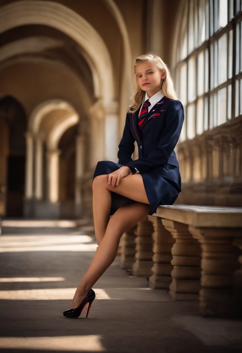 -yeld ble girl in school uniform and Christian Louboutin heels