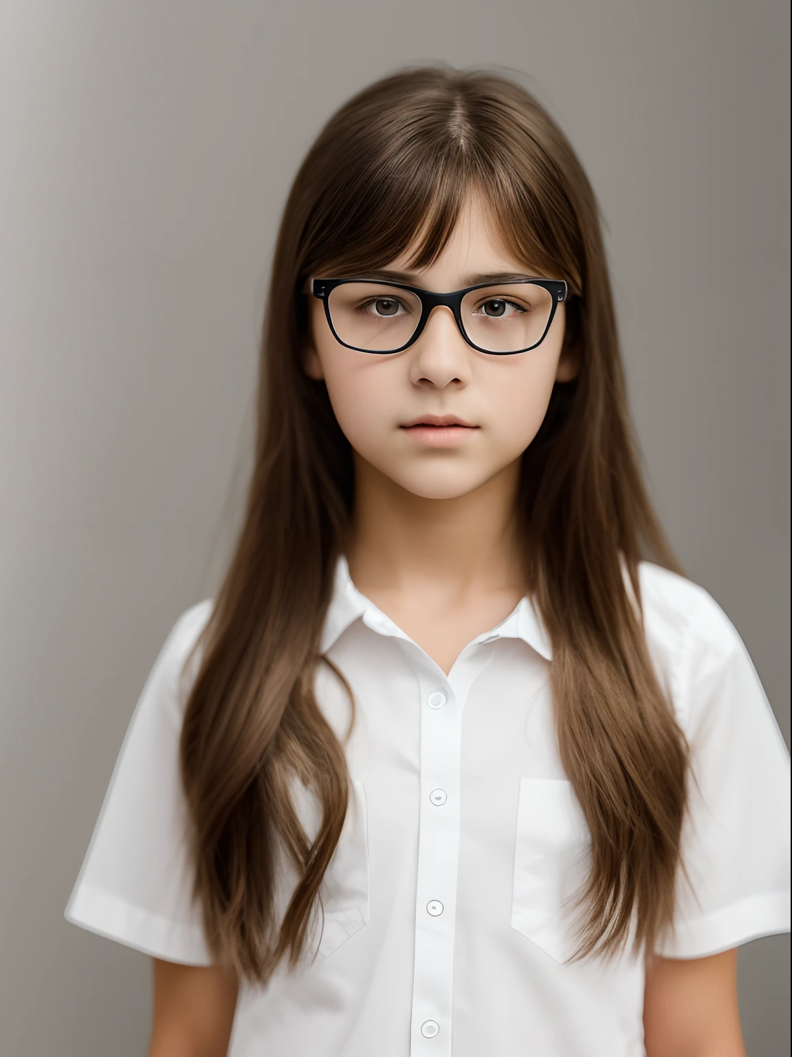 Photo of an 11-year-old girl of European appearance with thick brown hair to the shoulder blades, Big shiny brown eyes, long eyelashes, eyeglasses, Serious, хмурая, A bored look, looks at the camera from under his eyebrows, In the look you can read the desire to leave here; white  shirt; Without cosmetics; Direct view(full face); Professional studio photography with a film SLR camera("Zorkiy-4"), (Passport photo), hight resolution, detailed skin texture, natural lightin, 8K, Texture of the photo card