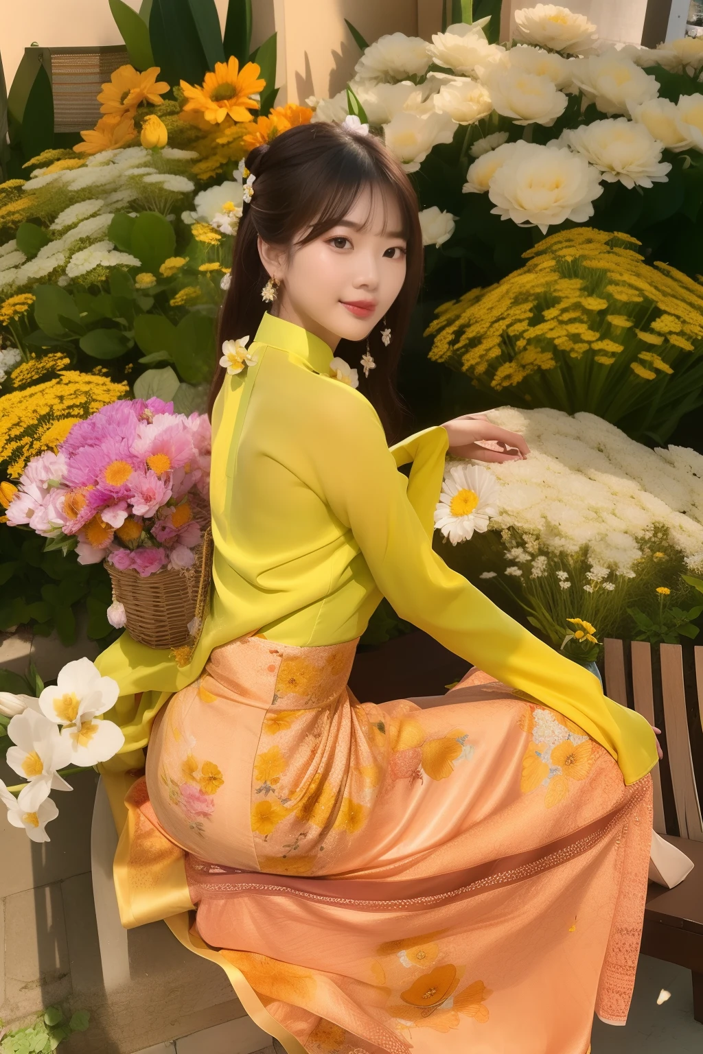 there is a woman sitting on a bench in front of a bunch of flowers, with flowers, ao dai, sitting with flowers, with yellow cloths, in style of lam manh, lalisa manobal, with yellow flowers around it, ruan cute vtuber, bae suzy, hoang long ly, mai anh tran