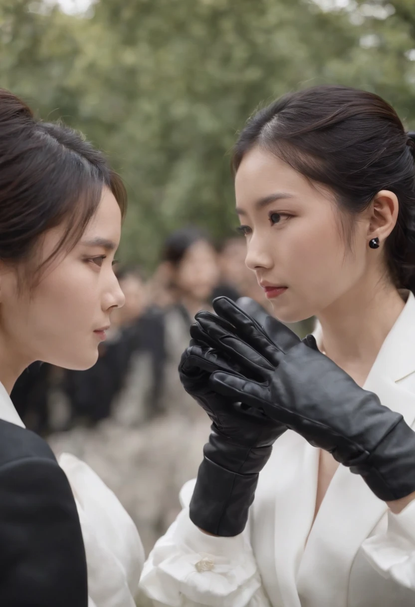 Japan girls in black three-piece suits over men's shirts, Black leather gloves on both hands, Black Hair Ponytail
