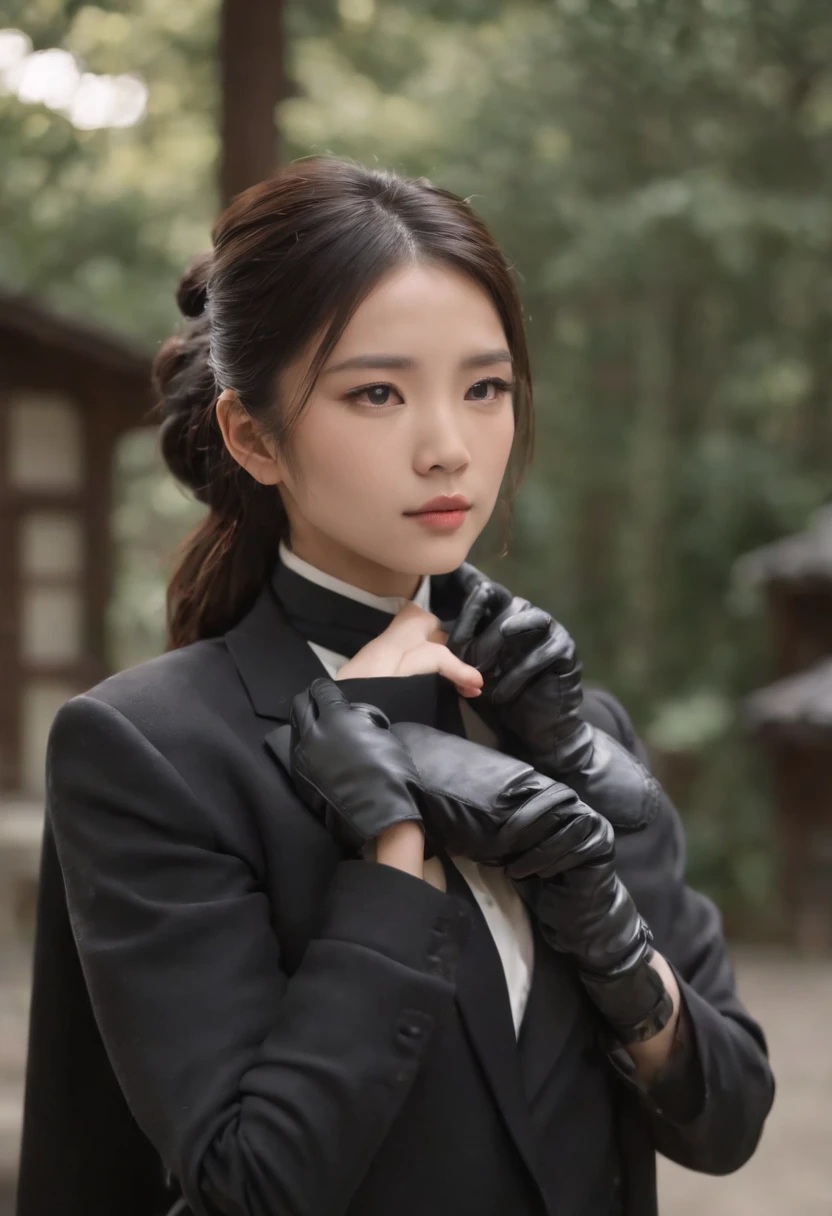 Japan girls in black three-piece suits over men's shirts, Black leather gloves on both hands, Black Hair Ponytail