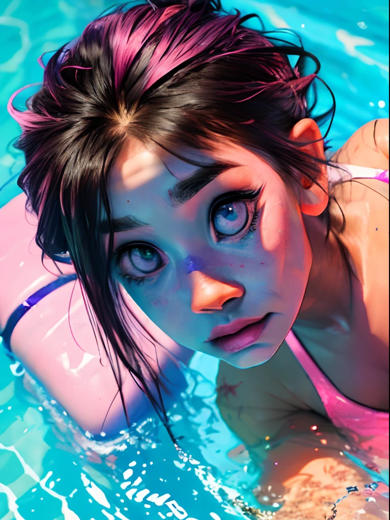 cute anime (zombie girl) with (dark purple straight hair), freckles, (((blue skin))), (((pink eyes))), pink nose. Taking a sunbath floating on the water in a pool, the water of the pool has glitter. Camera from above, cenital shot.