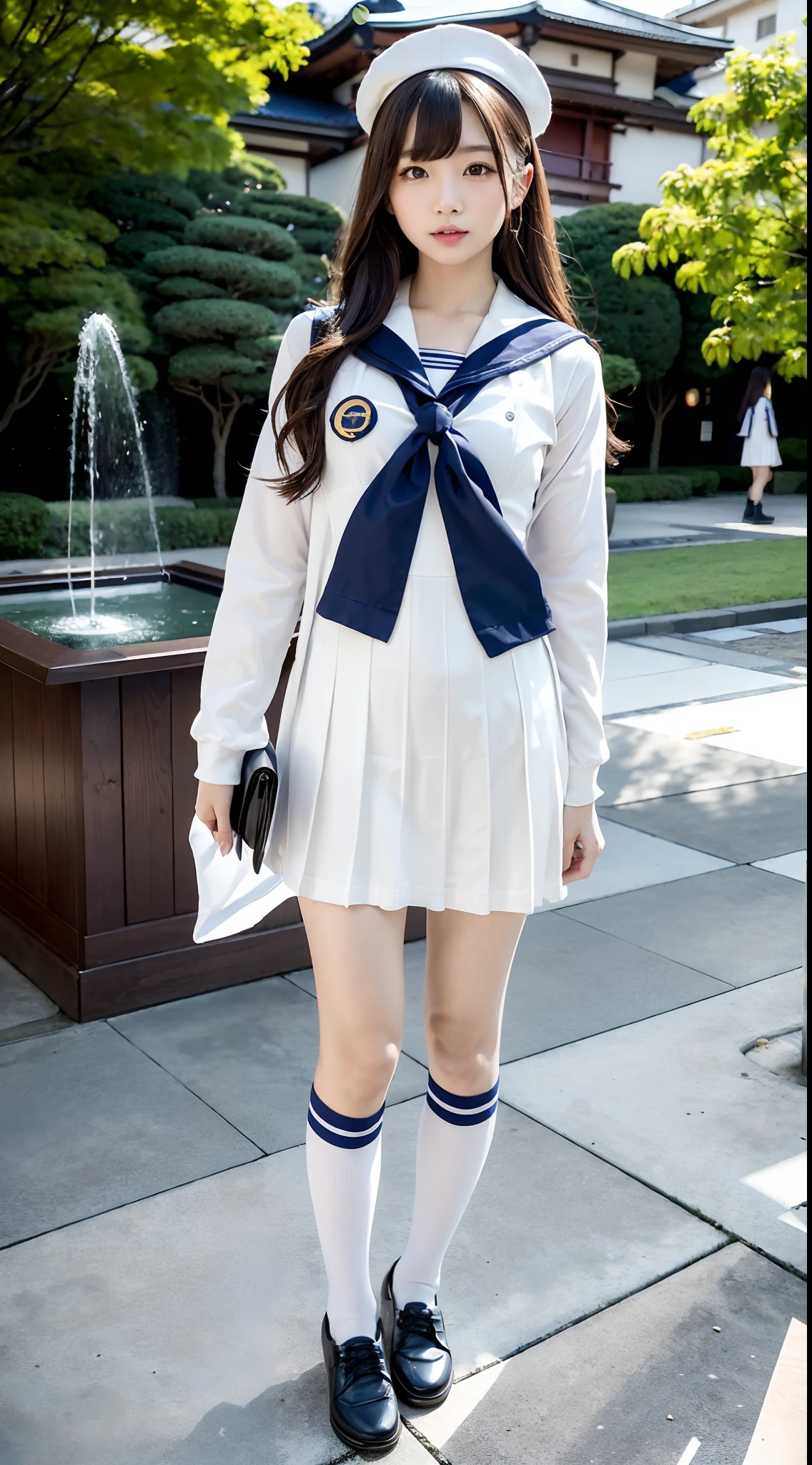 mix4, (16 K, Raw photography, Top image quality, masterpiece: 1.45), (realisitic, Photorealsitic: 1.37), one girls, 7.5, etc、Random hairstyle、Standing figure,Noon time slot、a very cute,a park,, profetional lighting, photon maping、physically-based renderingt, Gradient dark brown hair,, a handsome, Well-groomed and beautiful eyes、Large double eyelids、Very shiny、girl with, (((student clothes、Winter clothes、Sailor suit worn by Japan girl、Navy blue sailor color、scarf、a miniskirt, Small beret、high socks、lowfers))), Top Quality Photos, hight resolution, 1080p, (clearface), (Detailed face description), (Detailed hand description), (masterpiece), (Exquisite CG)、extreme light and shadows、dishevled hair、master work、abundant detail、(Fine facial features)、(top quality photo)、(masuter piece)、(A detailed eye)、Look in front of you、Fine clavicle、((Slender big))、(((Japan schooln sailor suit)))、((Ready Idol System))、((a park、Slide、The fountain、seesaw))、(Shooting from random perspectives)、(((neat and cute)))、耳Nipple Ring、A big smile、Drawing the whole body from the knees、Do not draw nasolabial folds、(((Cute sailor suit)))、(Big breasts that hang down big:1.2)、Big buttocks with tension、Two arms and two legs、(((from the front side:0.2)))、bare hand、No mask、