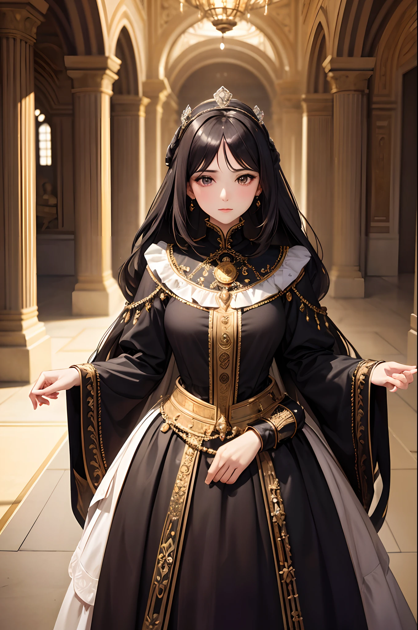 Best quality, masterpiece, super high resolution, original photo, 1 woman,royal dress, standing in the center of a crowded hall,in the style of the 16th century Ottoman Empire, extremely delicate face, black hair,gray eyes, crown,smooth skin,super detail.