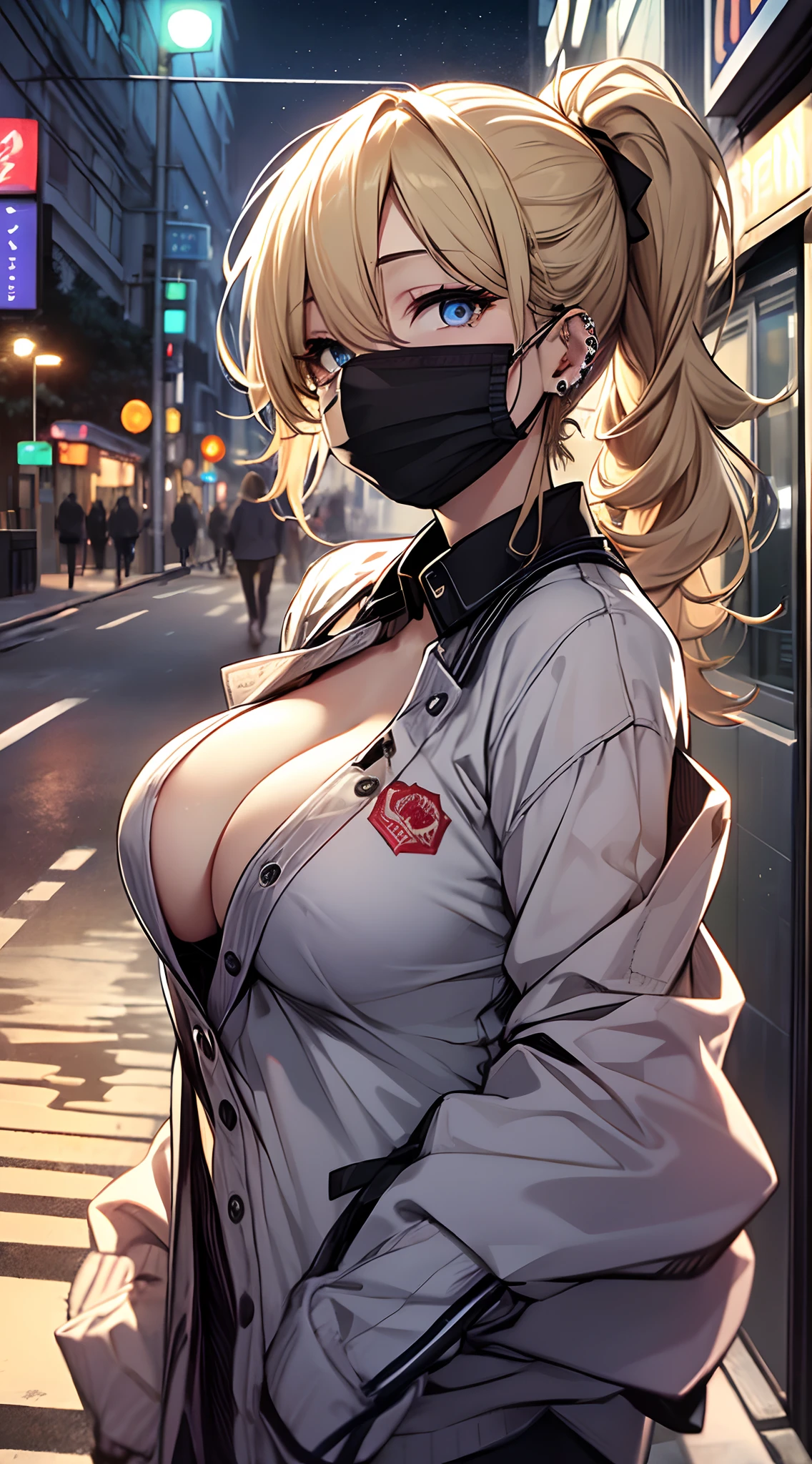 top-quality、Top image quality、masterpiece、((NSFW:1.1))girl with((23years old、White blouse 1.6、Bust 85、a blond、disheveled ponytail、Blue eyes、cleavage of the breast、Happiness、Hand flail、eye glass:1.2、Black surgical mask、Ear-piercing))、A slender、hiquality、visualart、Background with((On the street at night))、The tattoo、masutepiece、Reflecting the whole body、