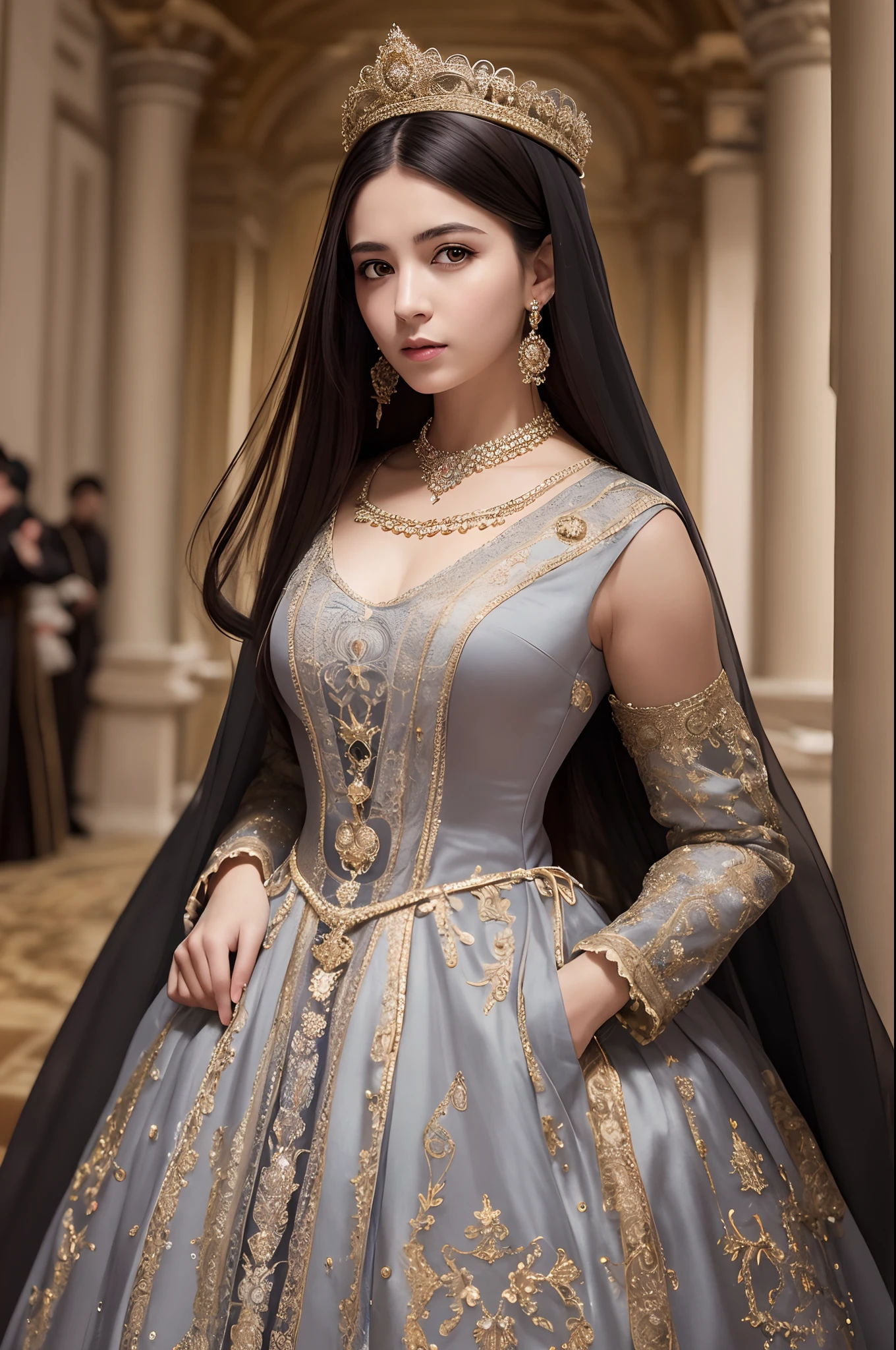 Best quality, masterpiece, super high resolution, original photo, 1 woman,royal dress, standing in the center of a crowded hall,in the style of the 16th century Ottoman Empire, extremely delicate face, black hair,gray eyes,smooth skin,super detail.