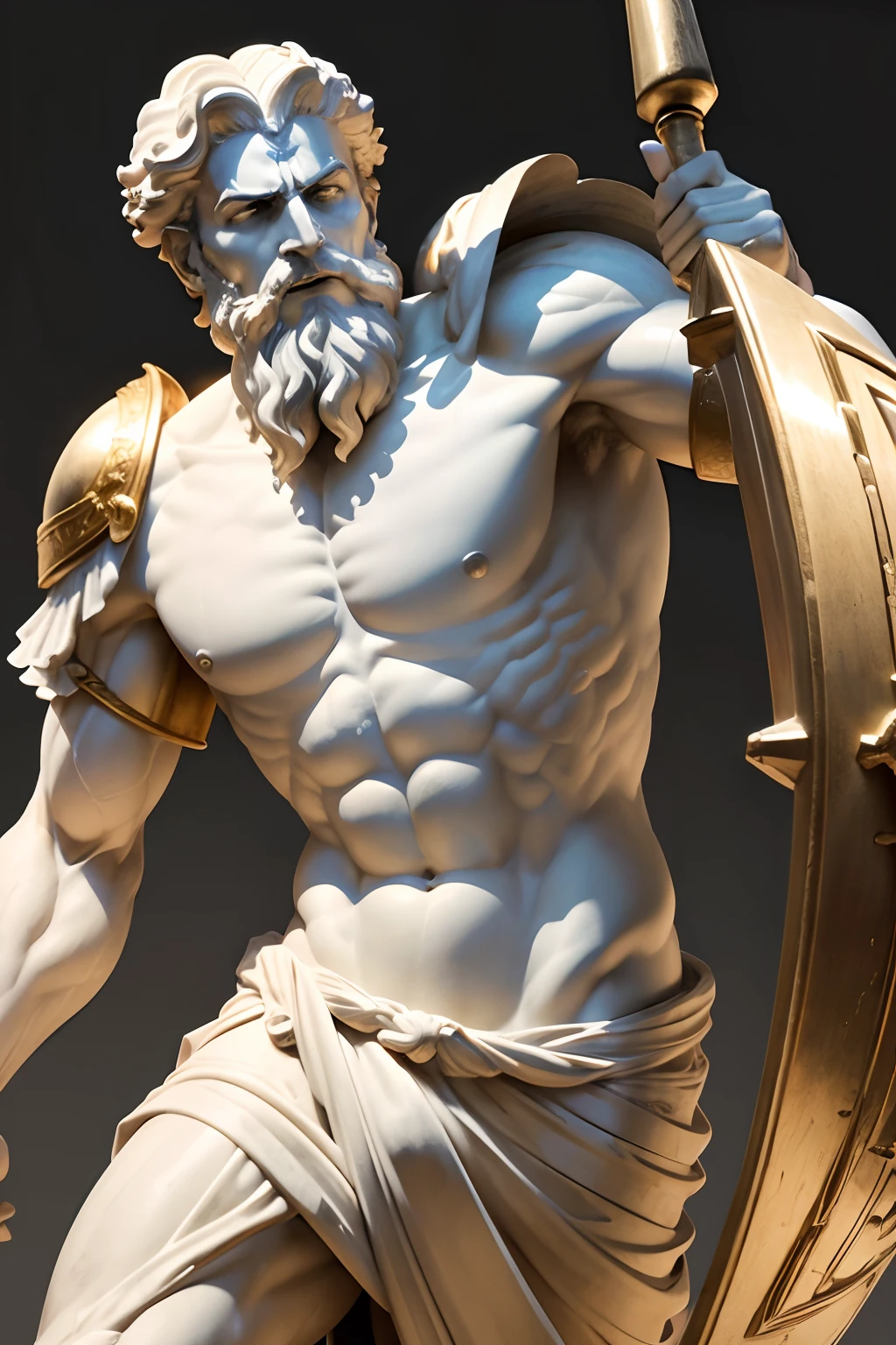 A marble statue of the Greek hero Marcus Aurelius, with an aggressive expression, grinding his teeth, holding a shield, 8k