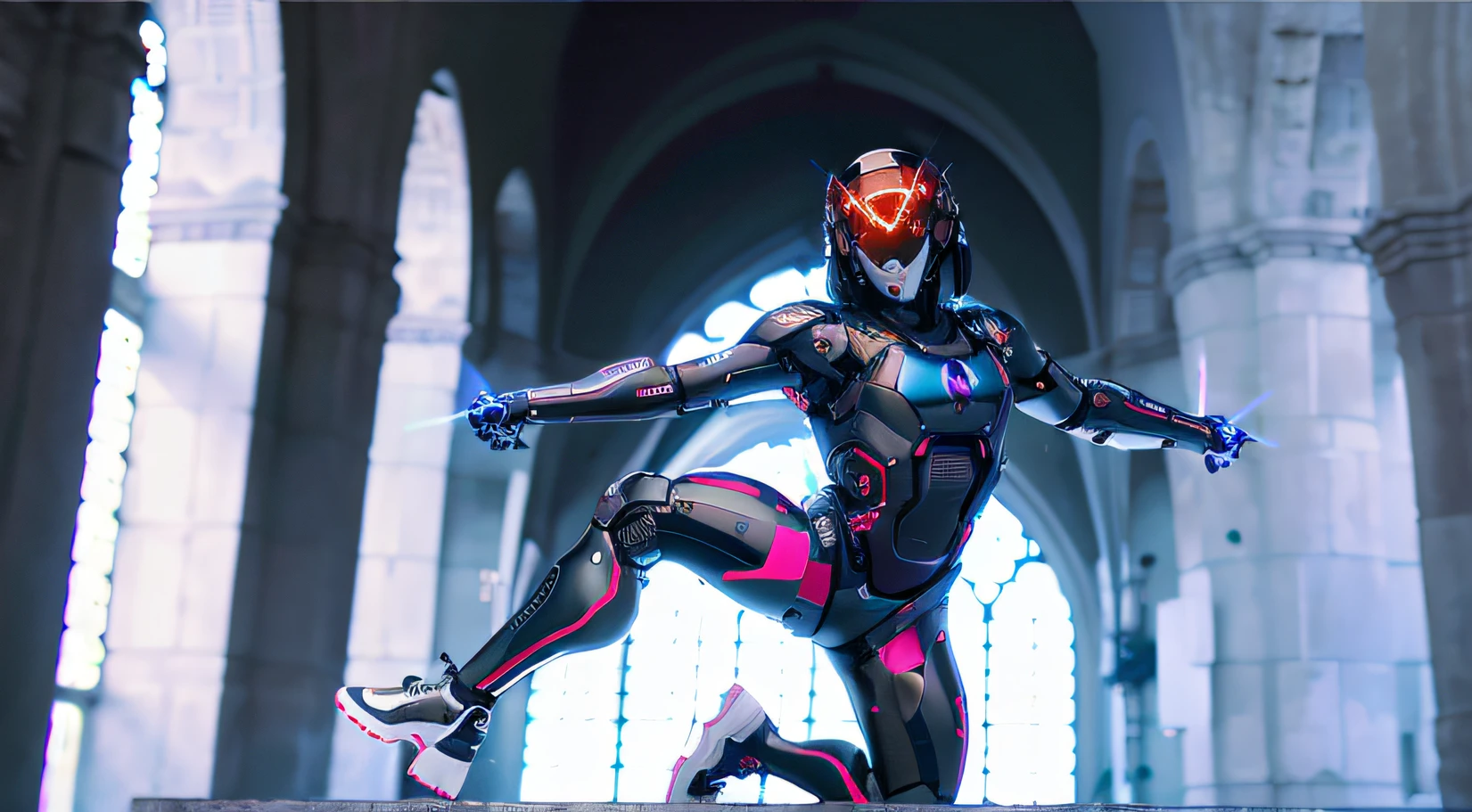 divine paradise. heavenly illumination. God. Holy robotic. Flying. Position of Jesus Christ. Floating in a cathedral. strong, robust and masculine body. fat arms. Position of divinity. Floating. flying. masterpiece, best quality, a close up of a futuristic looking cyborg man with a fantastic cyber helmet head with red and blue triangle led lights and a halo, full body, dancing. dance. synthwave ballad. silver pants. wearing a red and blue techwear jacket, white church in background. jump, full body, robotic legs.