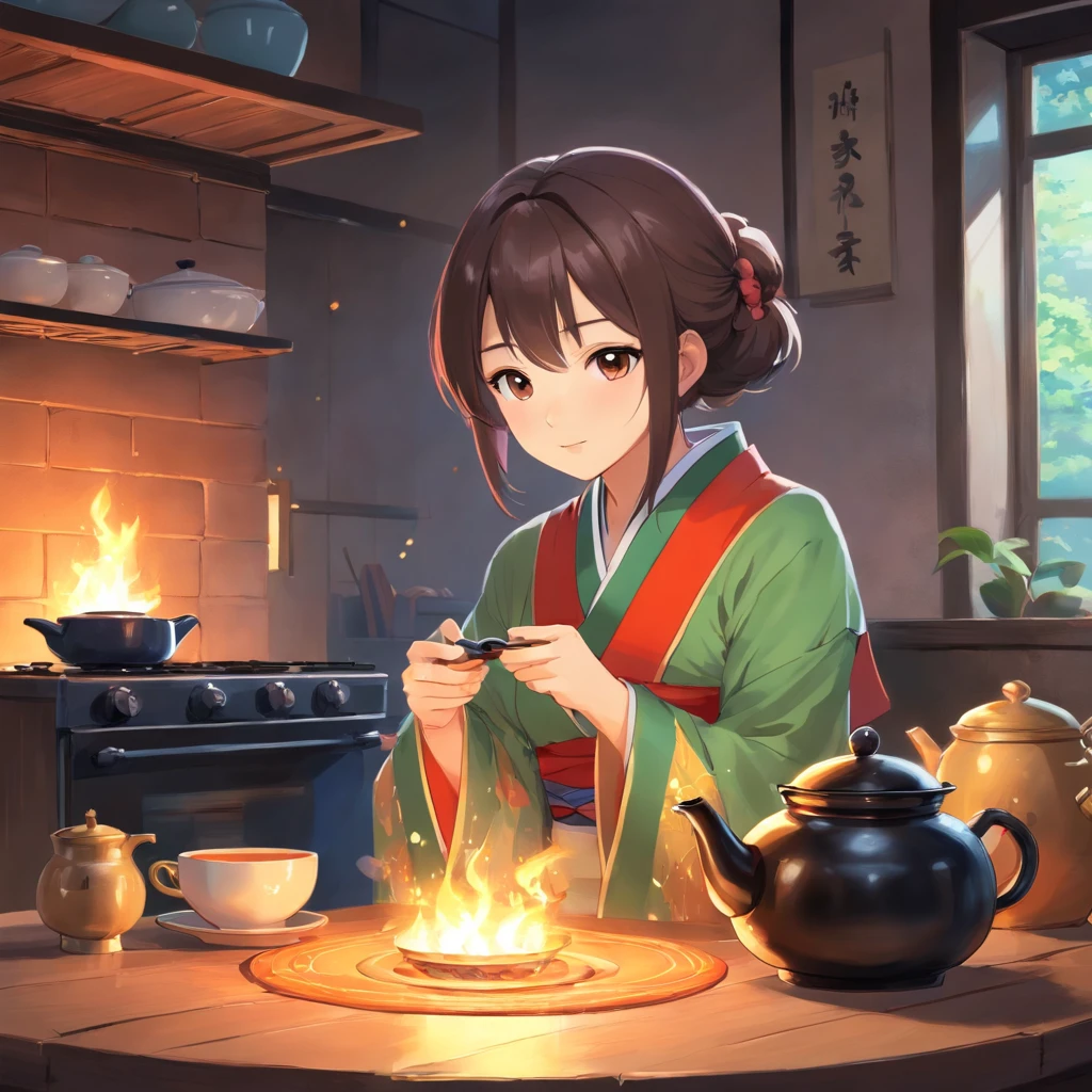 Anime girl in Hanfu standing next to a teapot, Boiling a teapot over charcoal on the stove, Side Body,stove,charcoal fire,teapot,Please wear black cloth shoes,author:author:Qu Leilei, author:Chen Dafu, author:Xia Gui, author:Elephant Kazuyoshi, by Yang J, author:Qiu Ying, author:Chen Jiasui, author:shaggy, author:Xia Yong, author:Yao Tingmei, Drinking tea, By Li Song