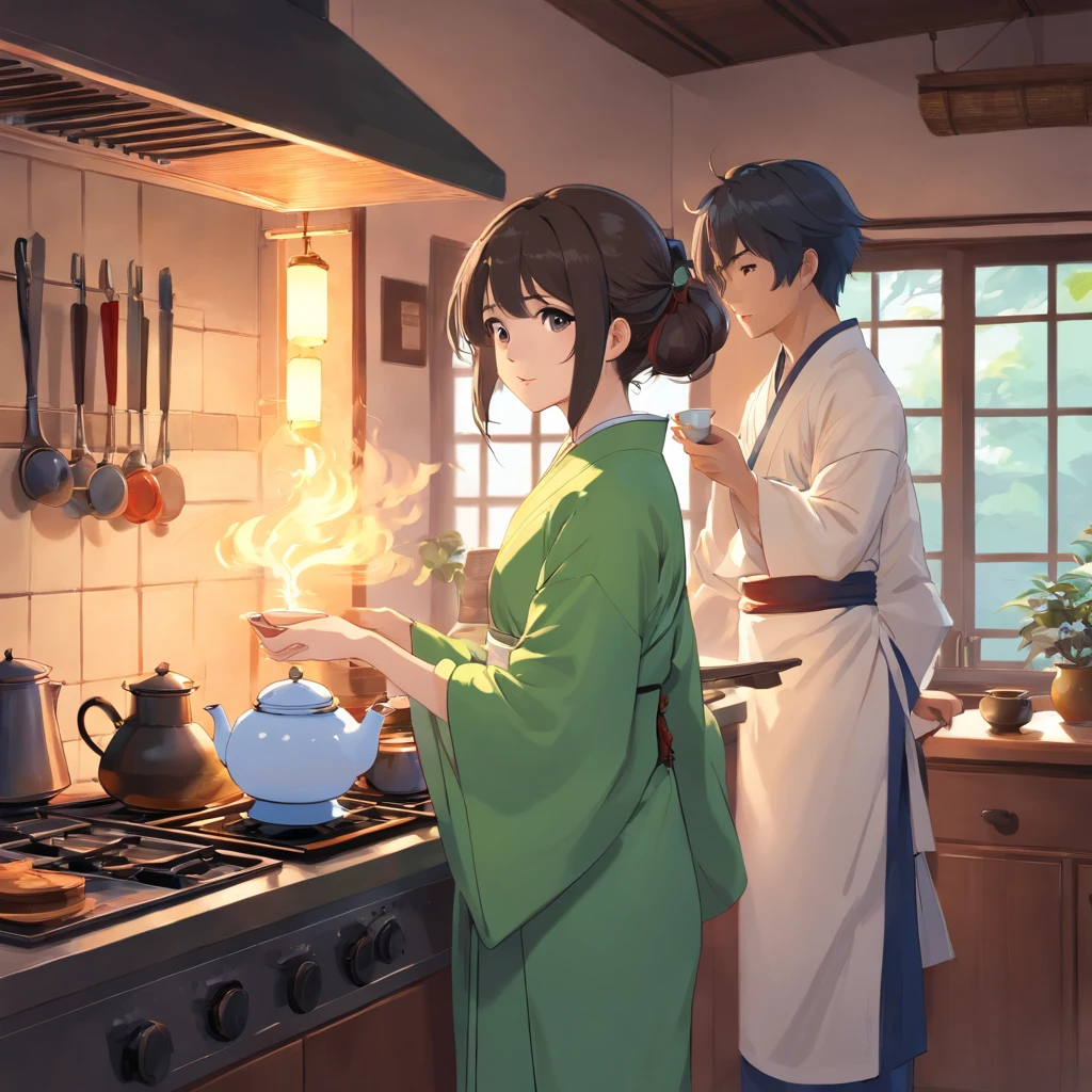 Anime girl in Hanfu standing next to a teapot, Boiling a teapot over charcoal on the stove, Side Body,stove,charcoal fire,teapot,Please wear black cloth shoes,author:author:Qu Leilei, author:Chen Dafu, author:Xia Gui, author:Elephant Kazuyoshi, by Yang J, author:Qiu Ying, author:Chen Jiasui, author:shaggy, author:Xia Yong, author:Yao Tingmei, Drinking tea, By Li Song