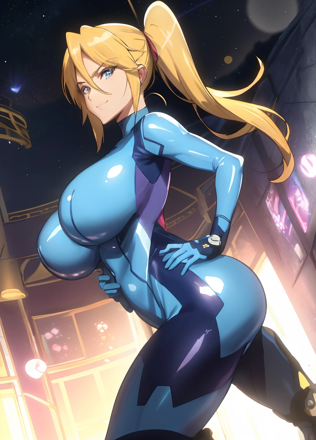 samus aran, ponytail, hair tie, blue gloves, ((blue bodysuit)), high heels (masterpiece, best quality:1.4), (modern days), (cowboy shot), 1girl, solo, pov, stunning girlfriend, (standing:1.1), dynamic pose, heart shaped face, elegant face, beautiful face, highly detailed face, highly detailed skin,   huge breast, smug smile, looking at viewer,16k hdr,hands on hips, curvy, hands under breasts,space ship