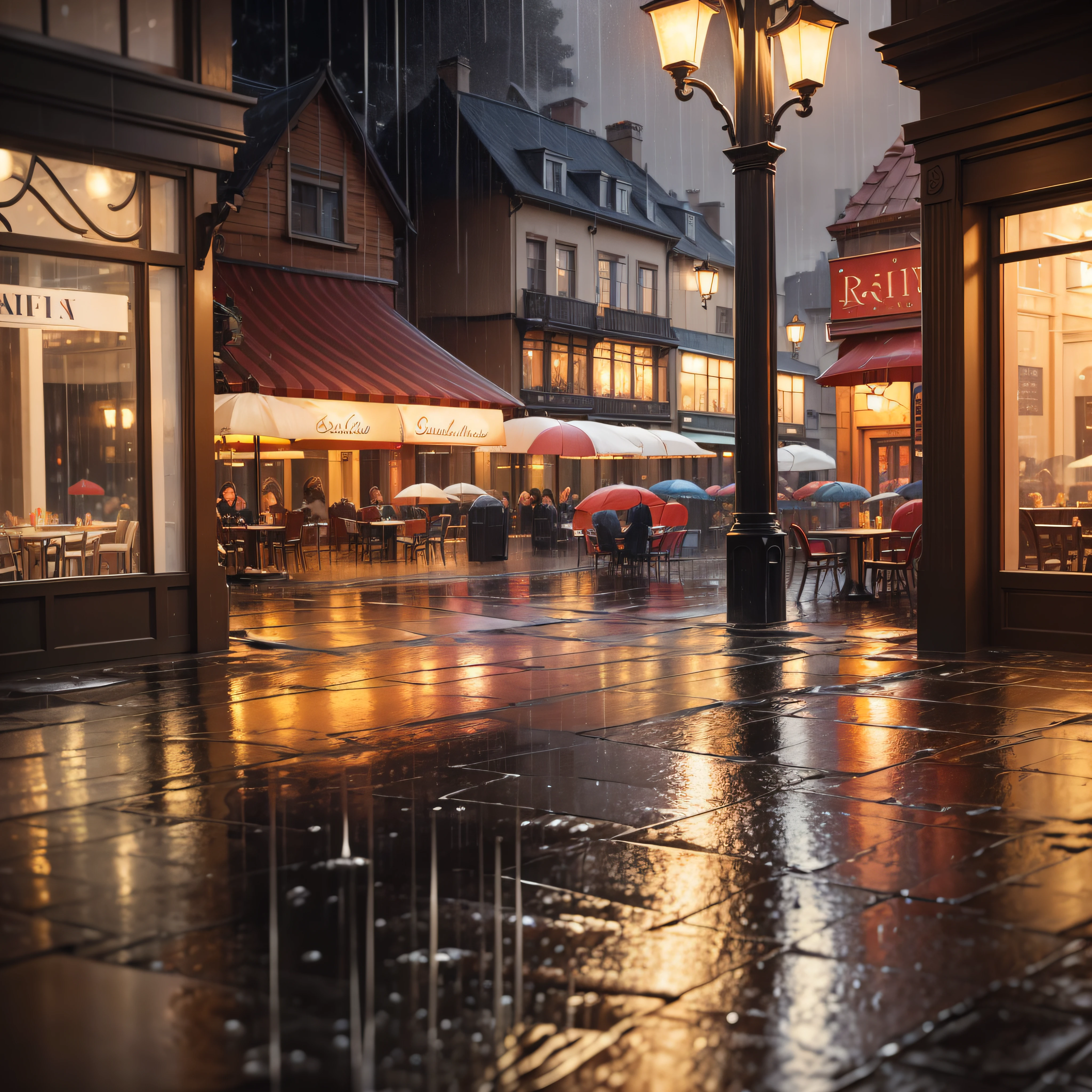 painting of a restaurant with tables and umbrellas on a rainy day, rainy evening, raining outside the cafe, rainy scene, rainy afternoon, in the rain in the early evening, outdoors european cityscape, by Frank Buchser, in a sidewalk cafe, rainy street, at evening during rain, romantic painting, detailed street, extremly detailed oil painting, by Bernard D’Andrea
