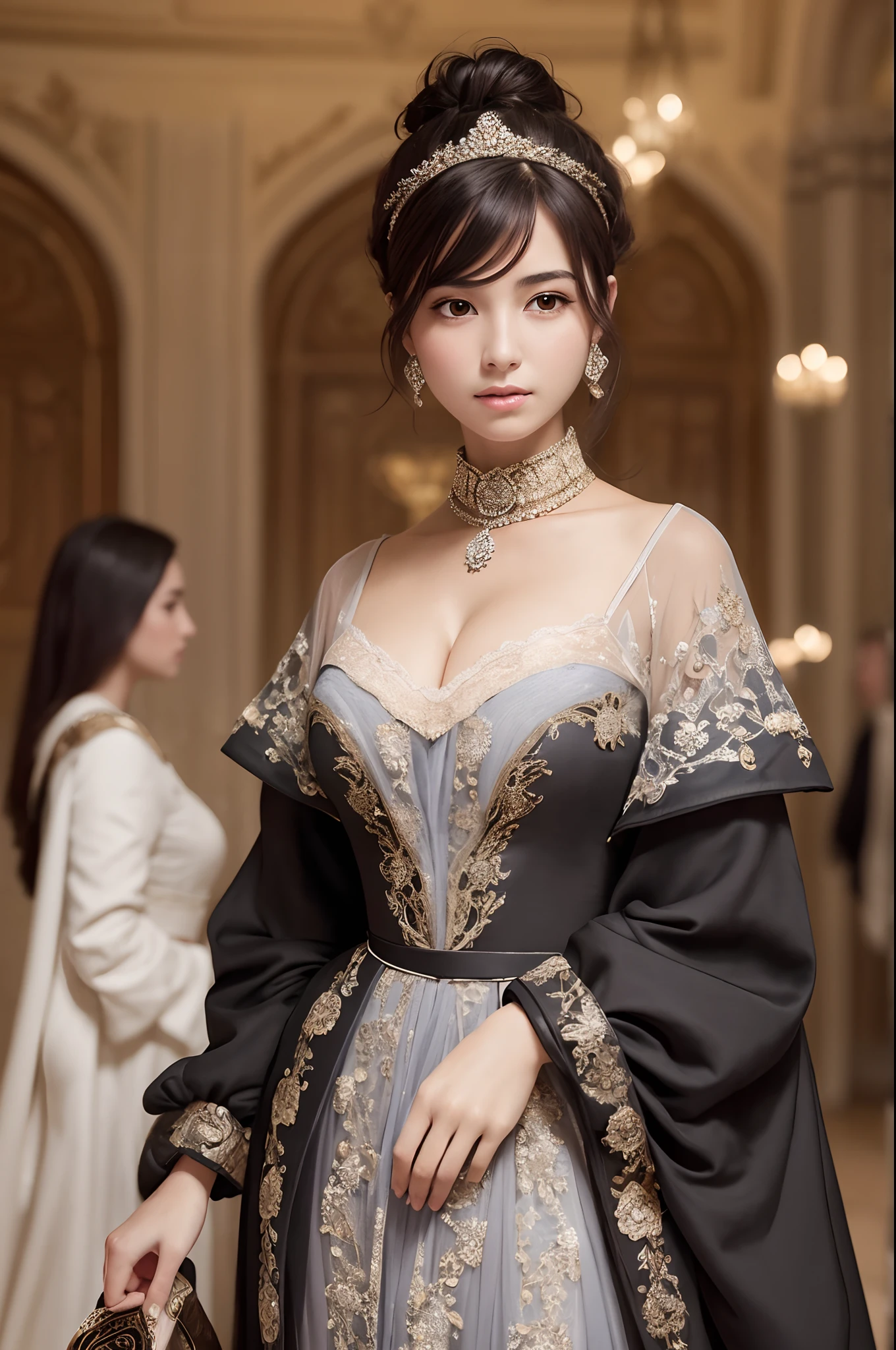 Best quality, masterpiece, super high resolution, original photo, 1 woman,royal dress, standing in the center of a crowded hall,in the style of the 16th century Ottoman Empire, extremely delicate face, black hair,gray eyes,smooth skin,super detail.