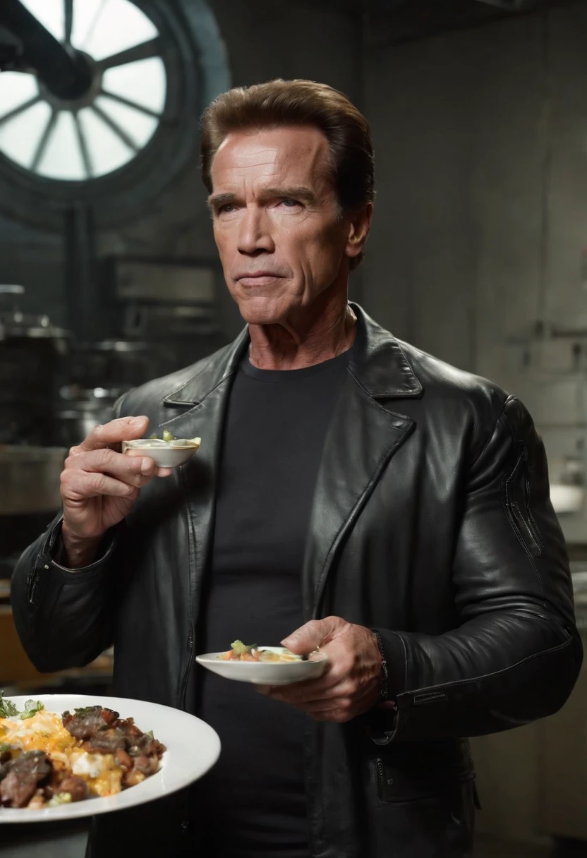 Magnify 40-year-old Arnold Schwarzenegger as the Terminator, with his iconic black suit (chaqueta de cuero negra) y gafas de sol, parado en medio de una cocina extraterrestre futurista. The kitchen is full of devices and utensils, con luces parpadeantes y superficies brillantes. En la mano de Arnold Schwarzenegger, Holds a plate uniquely, claramente de origen extraterrestre, which seems to float in the air due to advanced kitchen technology. The board is empty, pero emite un brillo misterioso y futurista. He has an intrigued expression on his face as he looks at the plate...., como si estuviera a punto de recibir algo sorprendente de origen desconocido. Alien lights and futuristic colors of the kitchen create an intriguing and suspenseful atmosphere in the scene....... This image captures the essence of the intrigue and mystery that characterize the film series....... "Terminator" e introduce a Arnold Schwarzenegger en un entorno verdaderamente futurista, XF IQ4, 150MP, 50mm, ISO 1000, 1/250s, luz natural, Adobe Lightroom, Photo Lab, Foto de afinidad, PhotoDirector 365