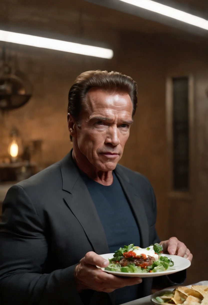 Magnify 40-year-old Arnold Schwarzenegger as the Terminator, with his iconic black suit (chaqueta de cuero negra) y gafas de sol, parado en medio de una cocina extraterrestre futurista. The kitchen is full of devices and utensils, con luces parpadeantes y superficies brillantes. En la mano de Arnold Schwarzenegger, Holds a plate uniquely, claramente de origen extraterrestre, which seems to float in the air due to advanced kitchen technology. The board is empty, pero emite un brillo misterioso y futurista. He has an intrigued expression on his face as he looks at the plate...., como si estuviera a punto de recibir algo sorprendente de origen desconocido. Alien lights and futuristic colors of the kitchen create an intriguing and suspenseful atmosphere in the scene....... This image captures the essence of the intrigue and mystery that characterize the film series....... "Terminator" e introduce a Arnold Schwarzenegger en un entorno verdaderamente futurista, XF IQ4, 150MP, 50mm, ISO 1000, 1/250s, luz natural, Adobe Lightroom, Photo Lab, Foto de afinidad, PhotoDirector 365