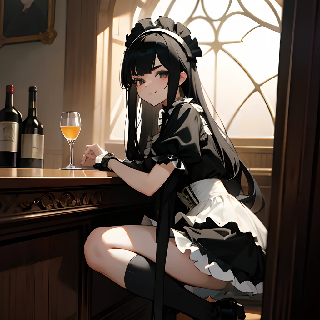 1 woman, Cool, good-looking, Cross-dressing, Gothic, Gothic, Onepiece, knee high socks, Black socks, Skirt, Black clothes, white frills, Black hair, Long hair, Hidden eyebrows and bangs, boyish, alcohol, Head dress, Black lips, Raffle Plenty, large black ruffles on the sides of the head,,, alcohol, Big eyes, Smile, Dusk, Indoors