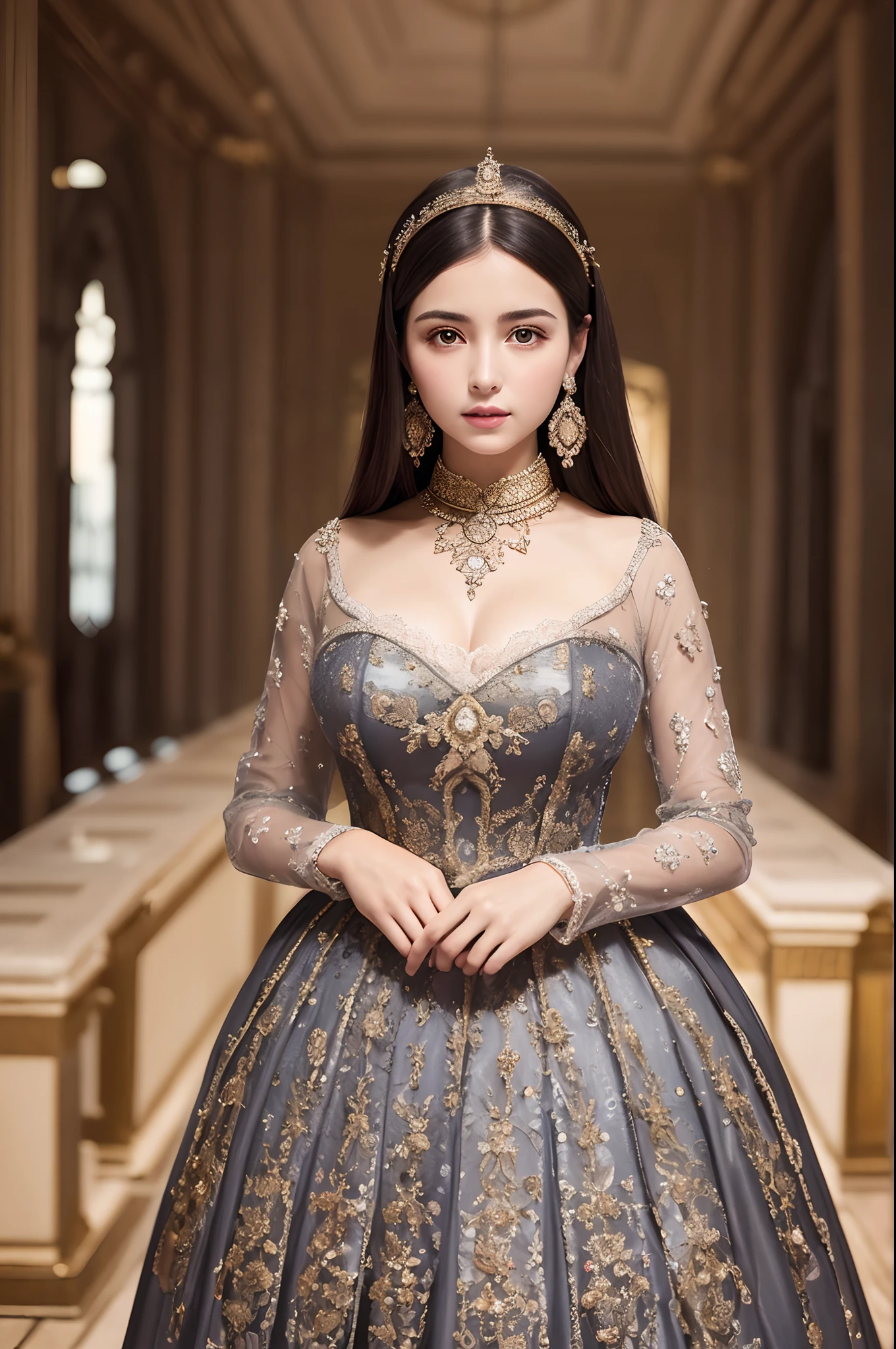 Best quality, masterpiece, super high resolution, original photo, 1 woman,royal dress, standing in the center of a crowded hall,in the style of the 16th century Ottoman Empire, extremely delicate face, black hair,gray eyes,smooth skin,super detail.